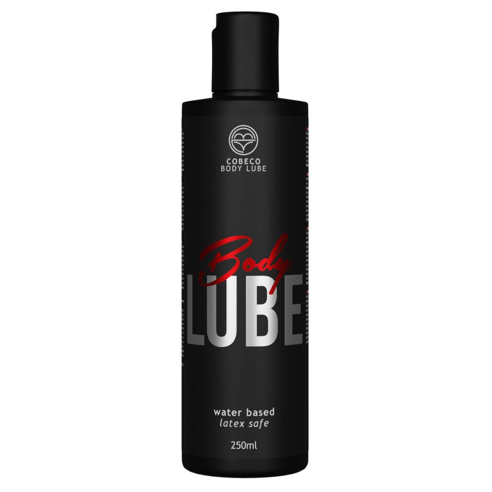 Schwarze Flasche mit schwarzem Deckel. Aufschrift: Cobeco Bodylube, Body Lube, wasserbasiert, latexfrei, 250ml.