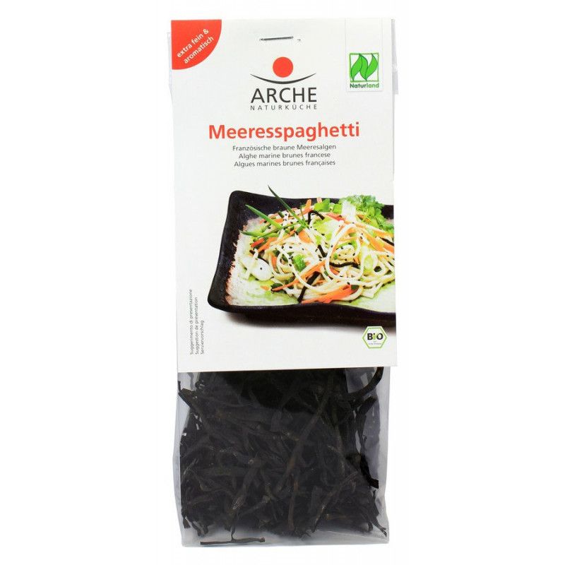 Verpackung mit Meeresspaghetti. Marke Arche, Bio-Siegel. Abbildung eines Gerichts mit Algen.