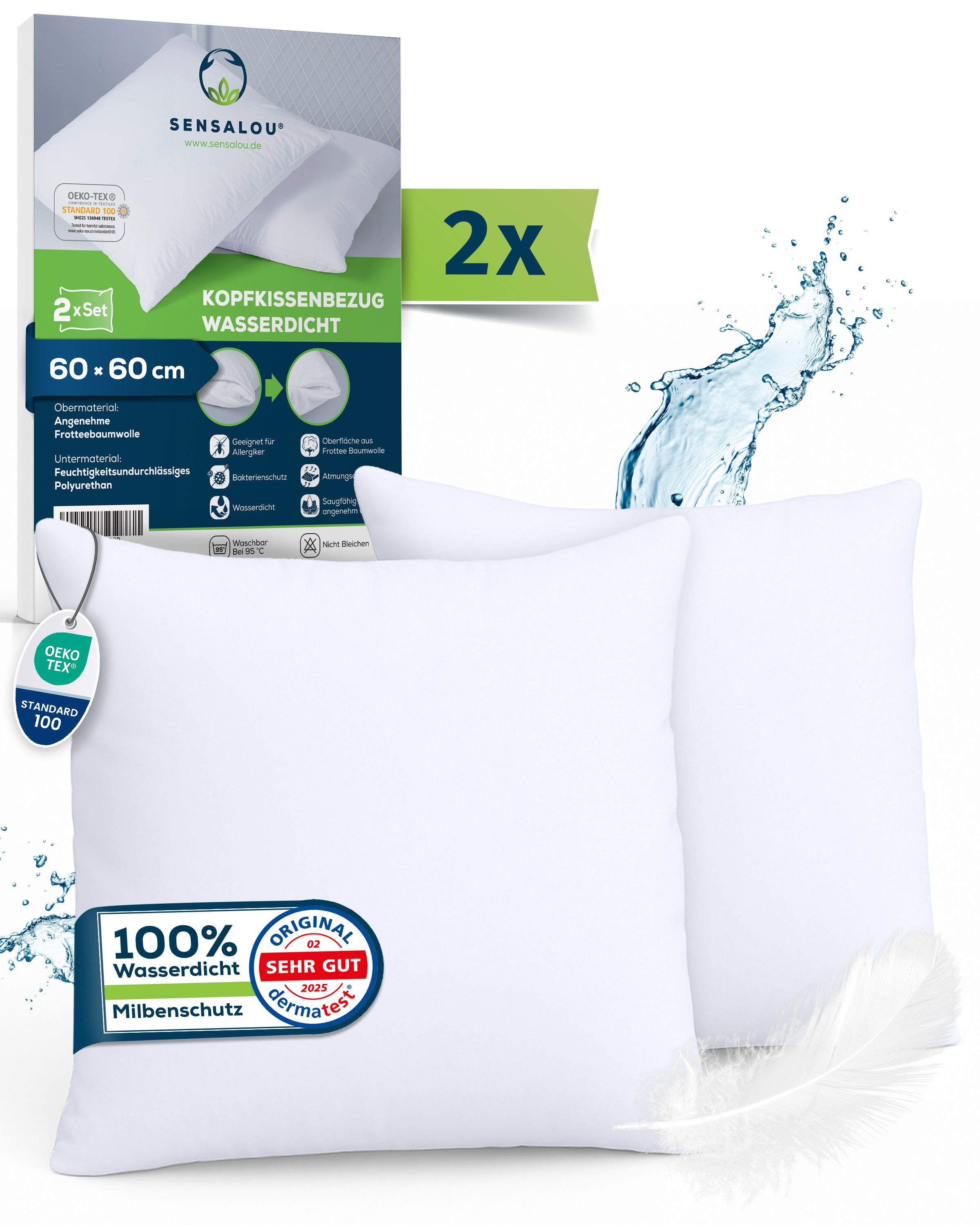 Weißes Kopfkissenbezug-Set, 2 Stück, wasserdicht, 60x60 cm. Mit Oeko-Tex-Zertifizierung und dermatest-Siegel.