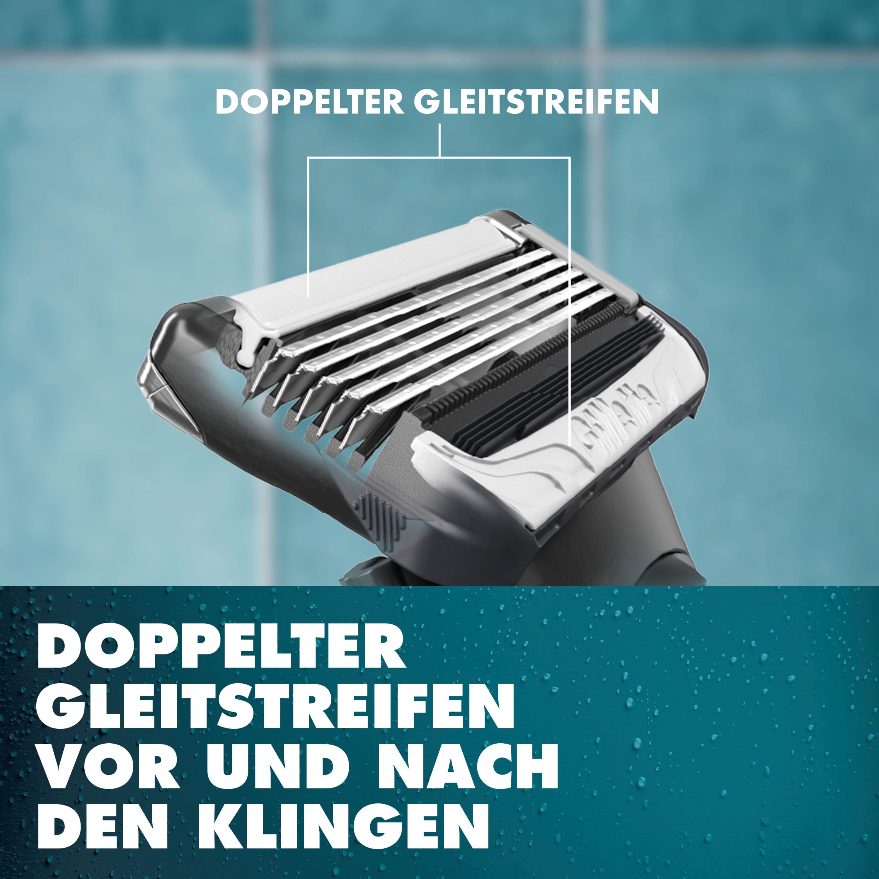 Gillette Intimate Rasierklinge mit Doppeltem Gleitstreifen vor und nach den Klingen.
