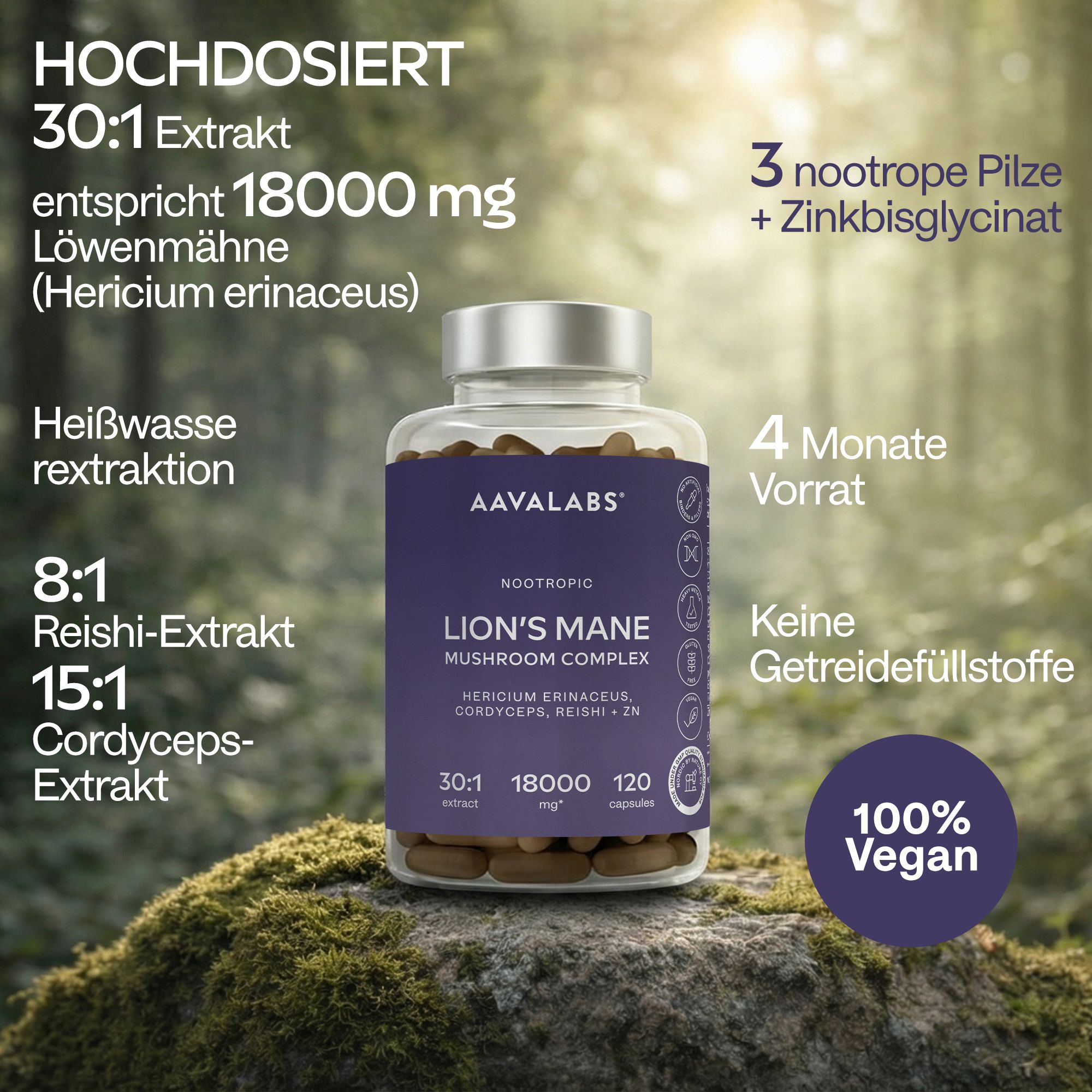Aavalabs Lion's Mane Pilzkapseln auf Moos mit Text.
