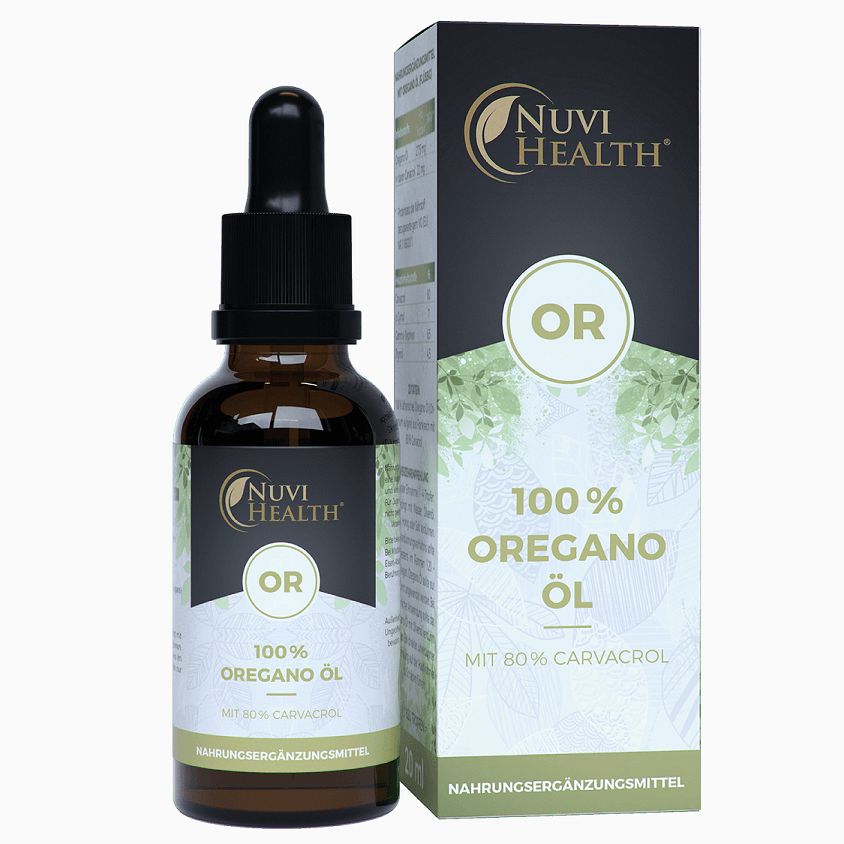 Braune Glasflasche mit Tropfer und Karton. Aufschrift: 100% Oregano Öl, 80% Carvacrol. Marke: Nuvi Health.