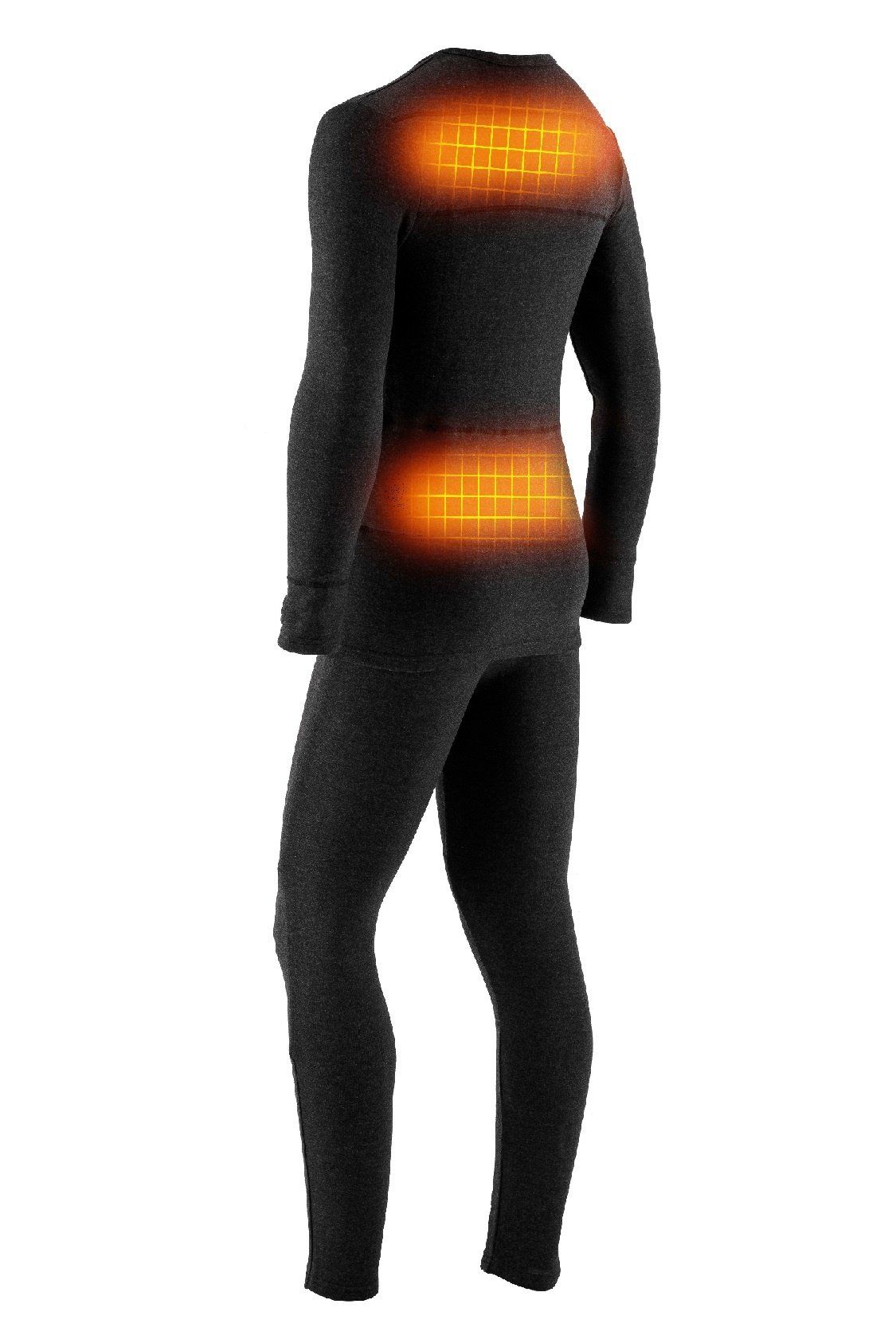 Rückansicht des schwarzen, zweiteiligen Thermo-Unterwäsche-Sets mit Heizbereichen. Heizbereiche orange dargestellt. Langärmliges Oberteil und lange Hose.