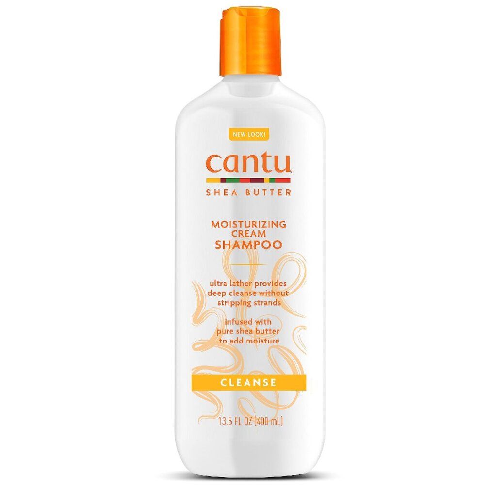 Weiße Shampoo-Flasche mit Cantu-Logo und Text. Enthält Shea Butter. Produktname: Moisturizing Cream Shampoo. Mit Aufschrift CLEANSE.