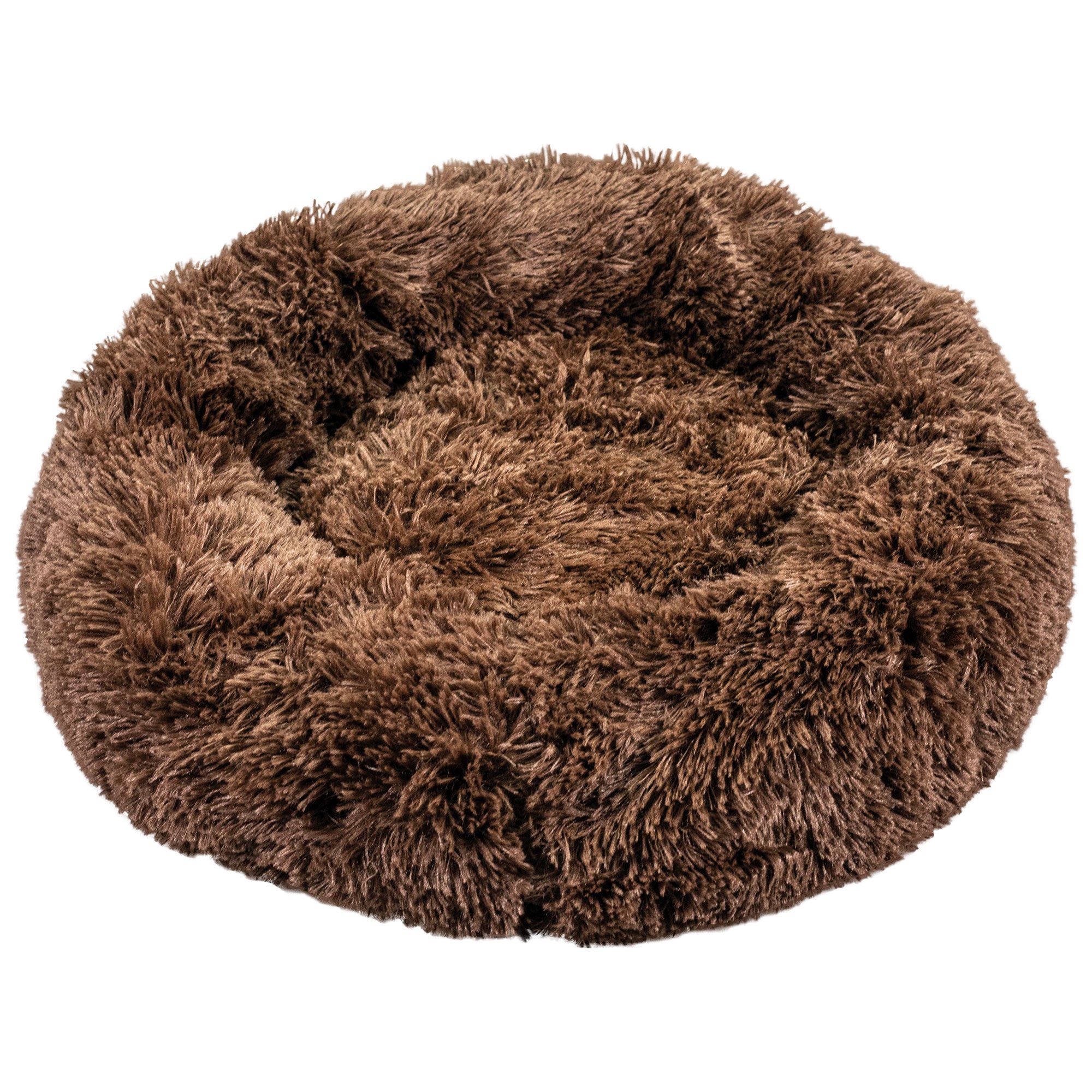 Runder, brauner Hundebett-Donut mit hohem, flauschigem Rand. Weiches Material, ideal für Hunde und Katzen bis 10 kg.