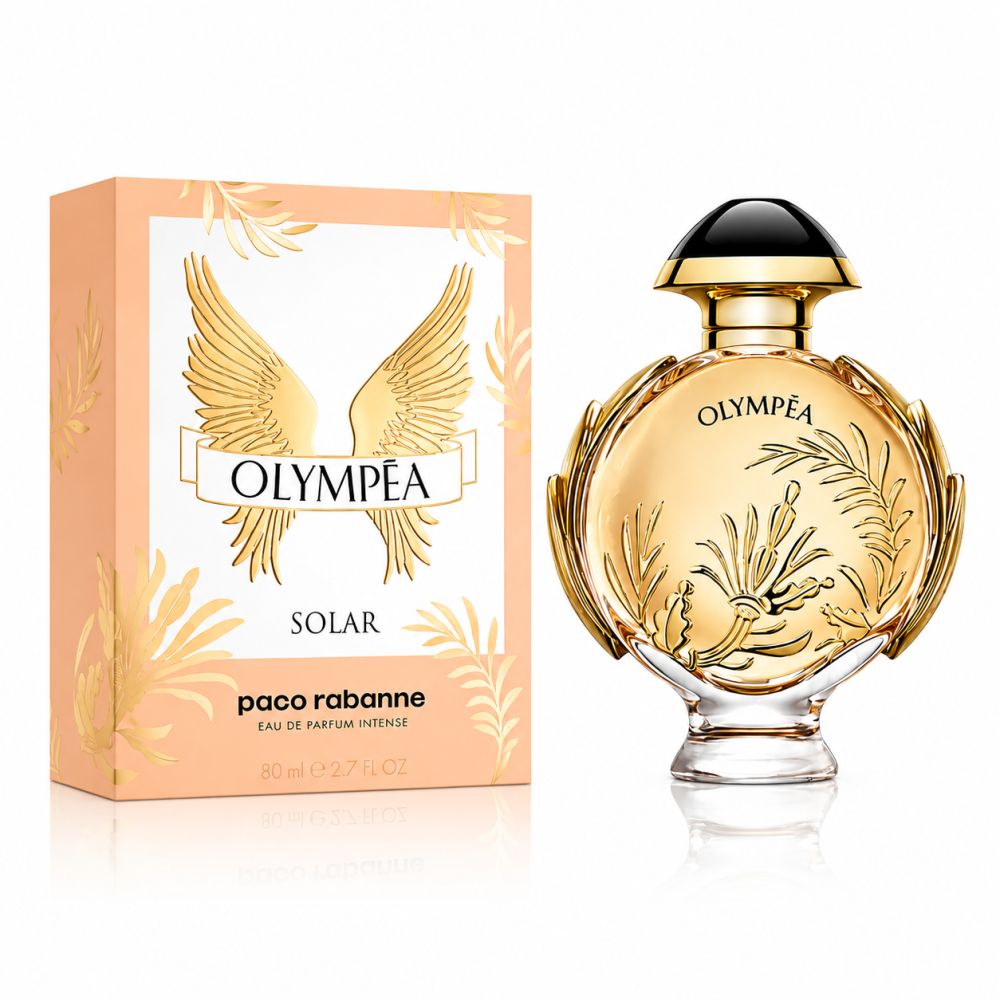 Paco Rabanne Olympéa Solar Eau de Parfum Flakon und Schachtel mit Flügel- und Blattdekor.