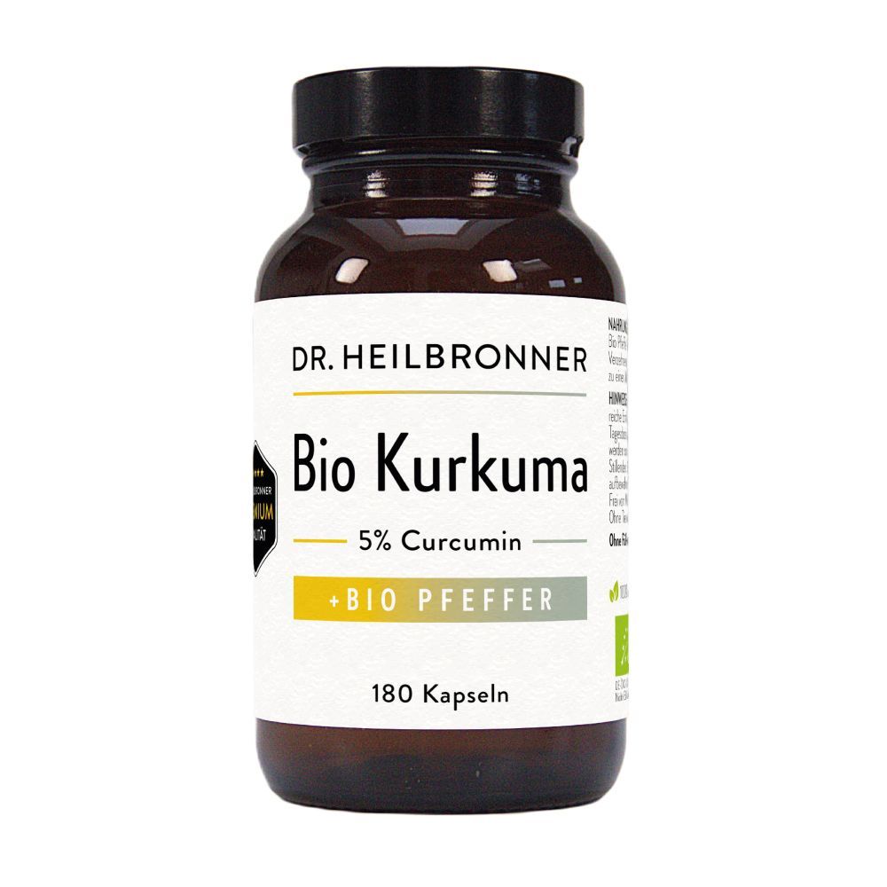 Braune Flasche mit Etikett. Dr. Heilbronner Bio Kurkuma, 5% Curcumin, Bio Pfeffer, 180 Kapseln. Bio-Siegel. Premium Qualität.