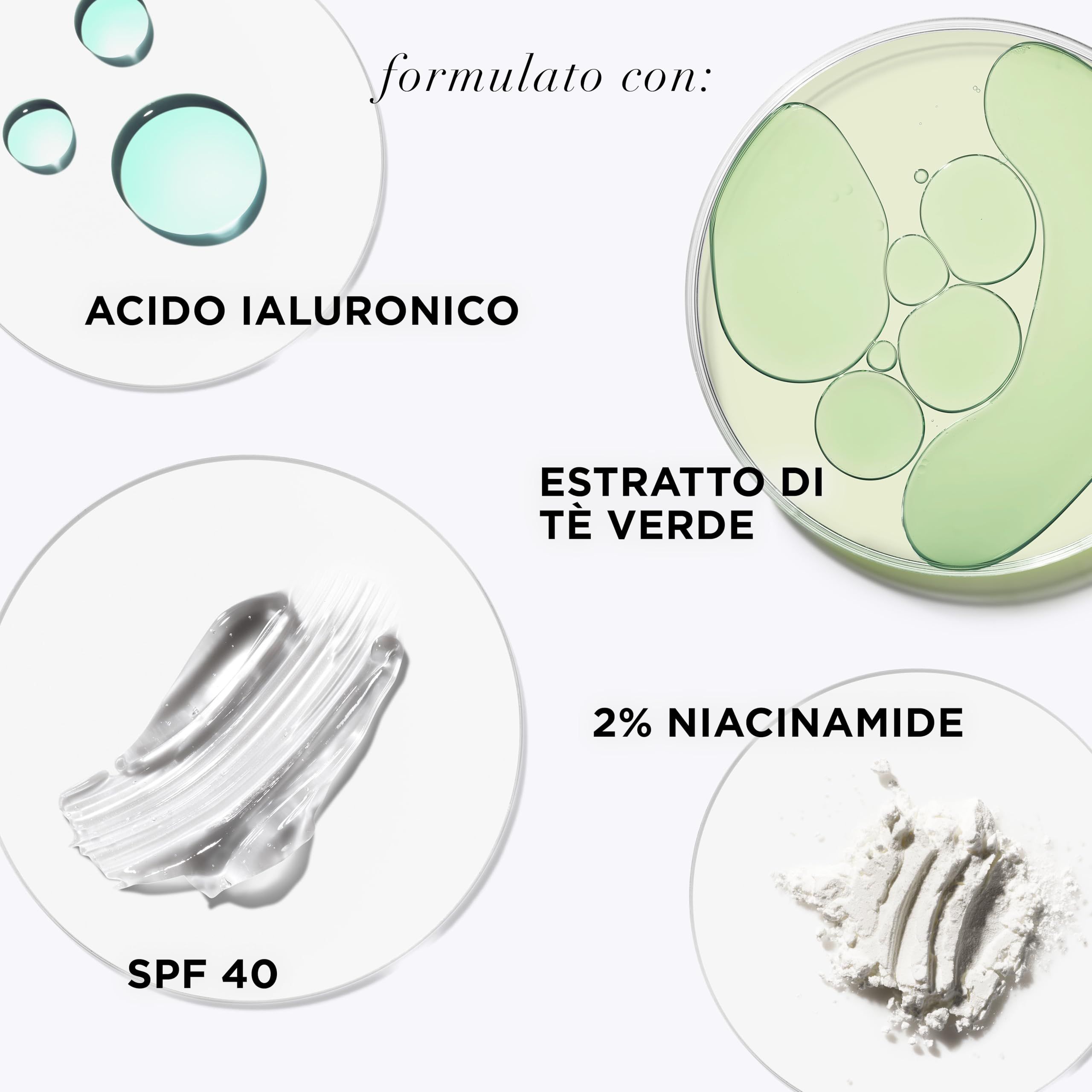 Inhaltsstoffe: Hyaluronsäure, Grüntee-Extrakt, 2% Niacinamid, SPF 40.