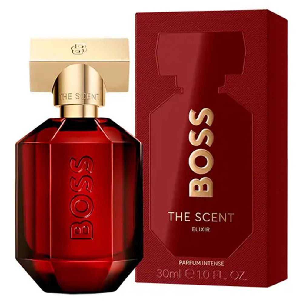 Roter Flakon und Verpackung. Goldfarbener Schriftzug BOSS. "THE SCENT ELIXIR" und "PARFUM INTENSE" sind sichtbar. 30ml.