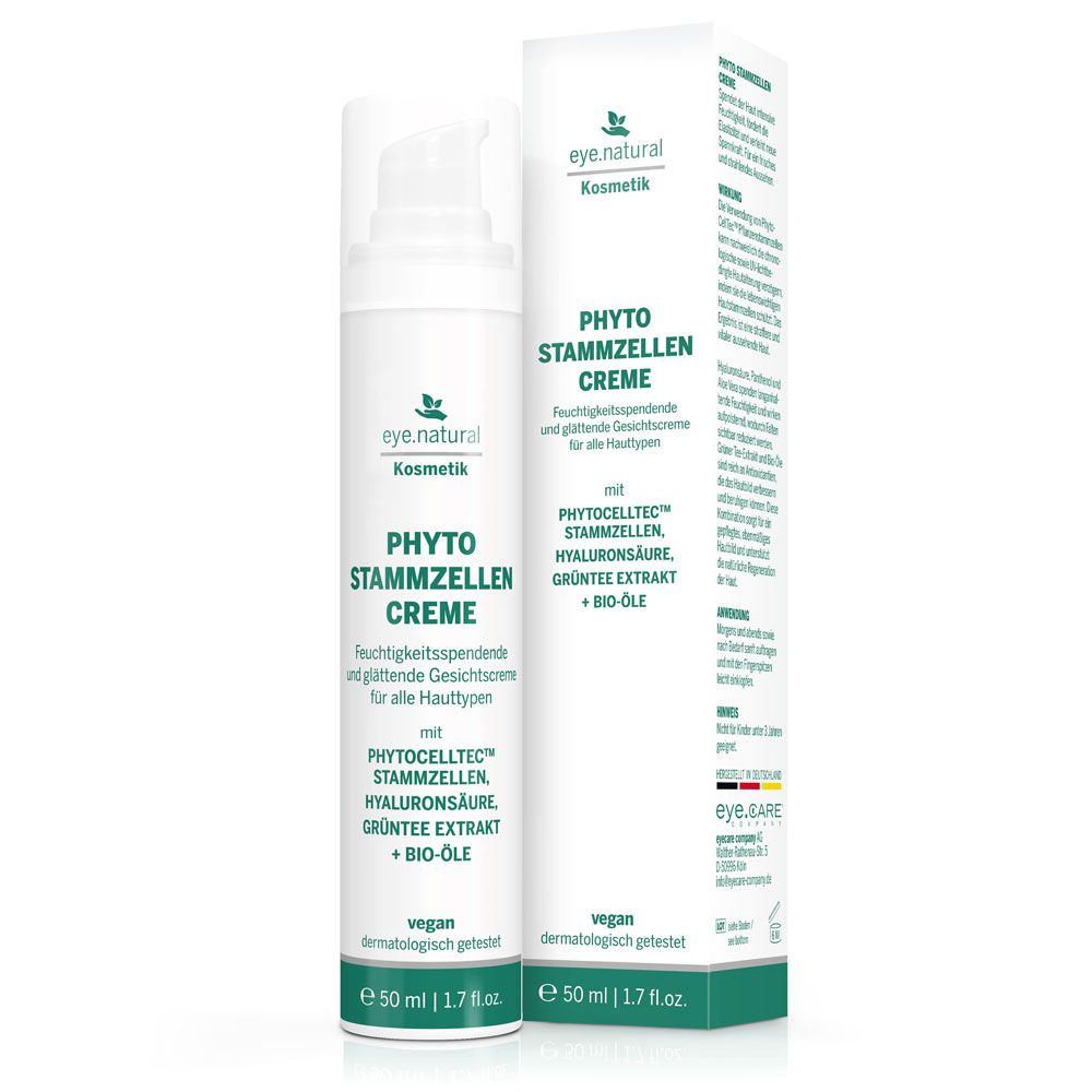 Creme-Tube und Verpackung. Aufschrift: Phyto Stammzellen Creme. Vegan, dermatologisch getestet. 50 ml.