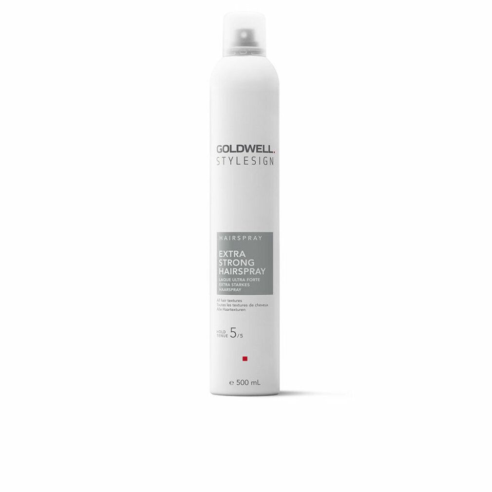 Haarspray-Flasche, weiß, mit Produktbezeichnung und Stärkeangabe. Goldwell Stylesign Extra Starkes Haarspray.