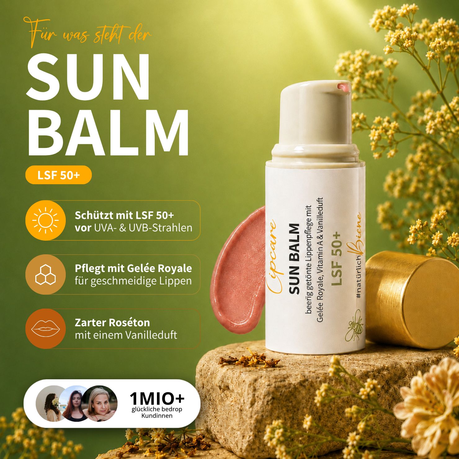 SUN BALM LSF 50+ - getönter Lippenpflegebalsam mit Gelée Royale & zartem Vanilleduft