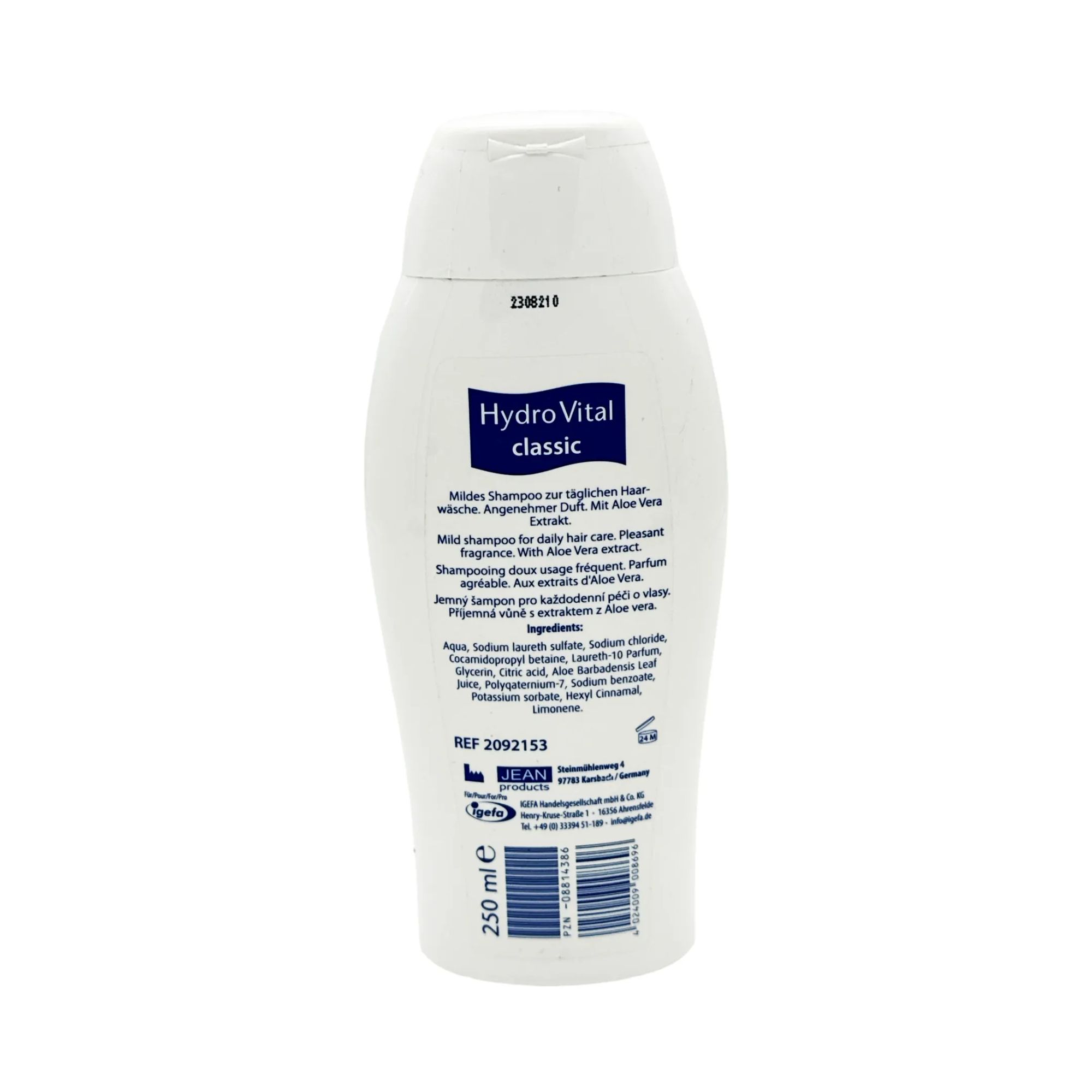 Rückseite einer weißen Shampoo-Flasche. Aufschrift: Hydro Vital classic, Inhaltsstoffe, 250 ml. Text in Deutsch und Englisch.