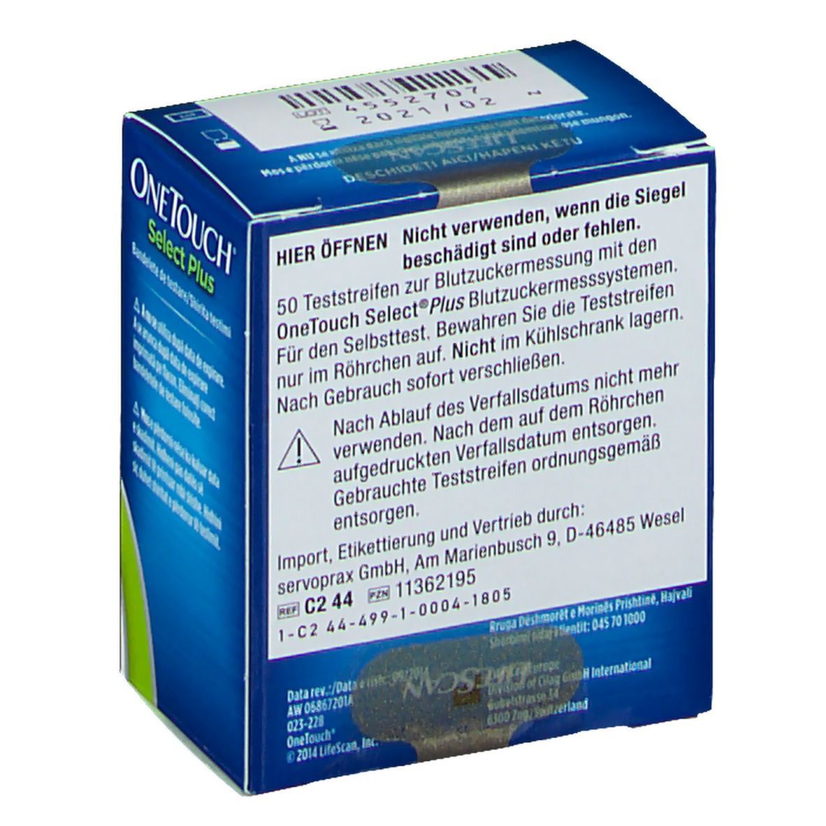 Blau-weiße Schachtel "OneTouch Select Plus" mit Text. Enthält 50 Teststreifen zur Blutzuckermessung. Text in Deutsch.