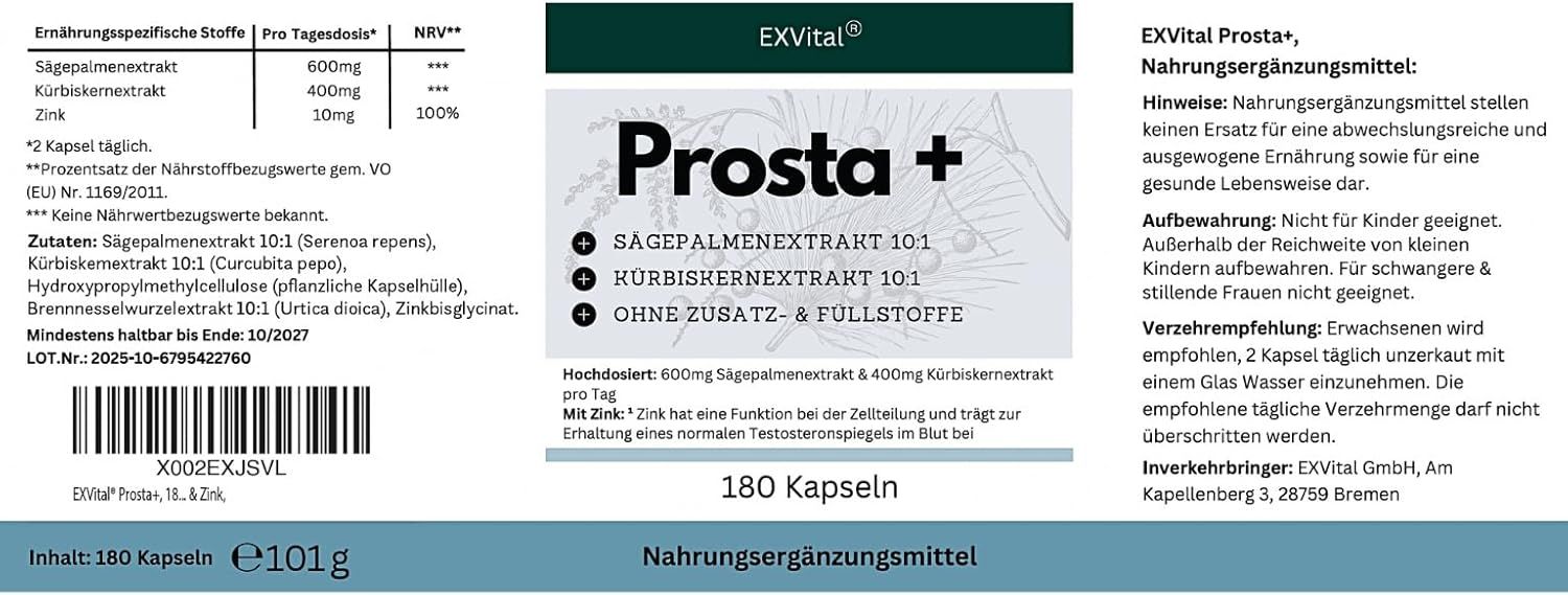 Textseite mit Inhaltsstoffen, Dosierung und Warnhinweisen. EXVital Prosta+, Nahrungsergänzungsmittel. 180 Kapseln.