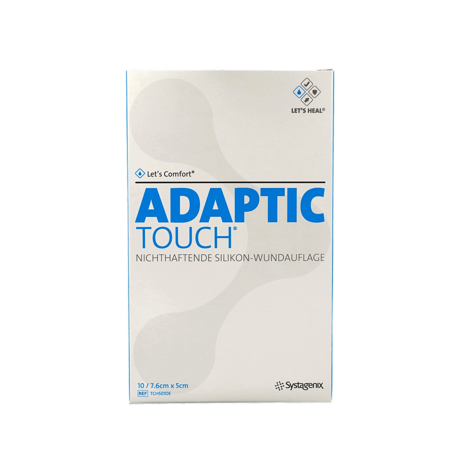 Verpackung von ADAPTIC TOUCH, 7,6cm x 5cm, nichthaftende Silikon-Wundauflage. Weiß mit blauem Text. Logo: Let's Heal.