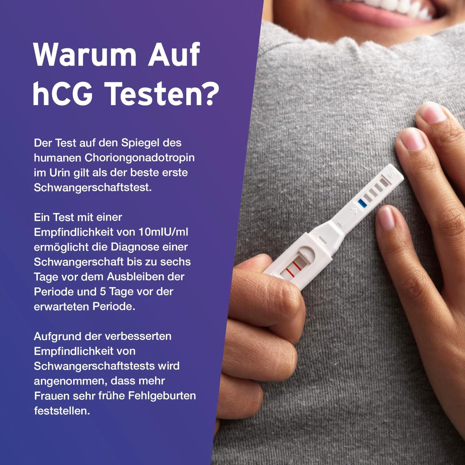 Person hält einen Schwangerschaftstest. Teststreifen mit Ergebnisbereich. Text: Warum auf hCG testen?
