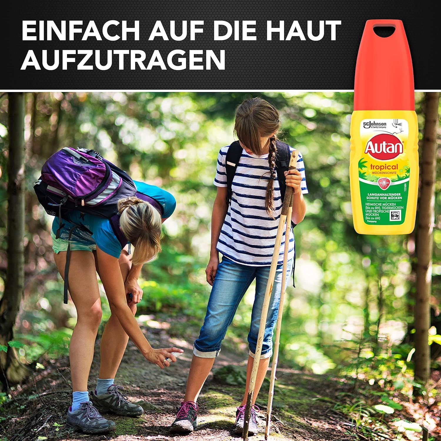 Autan Tropical. Zwei Mädchen im Wald. Text: Einfach auf die Haut aufzutragen. Gelbe Flasche mit roter Kappe.