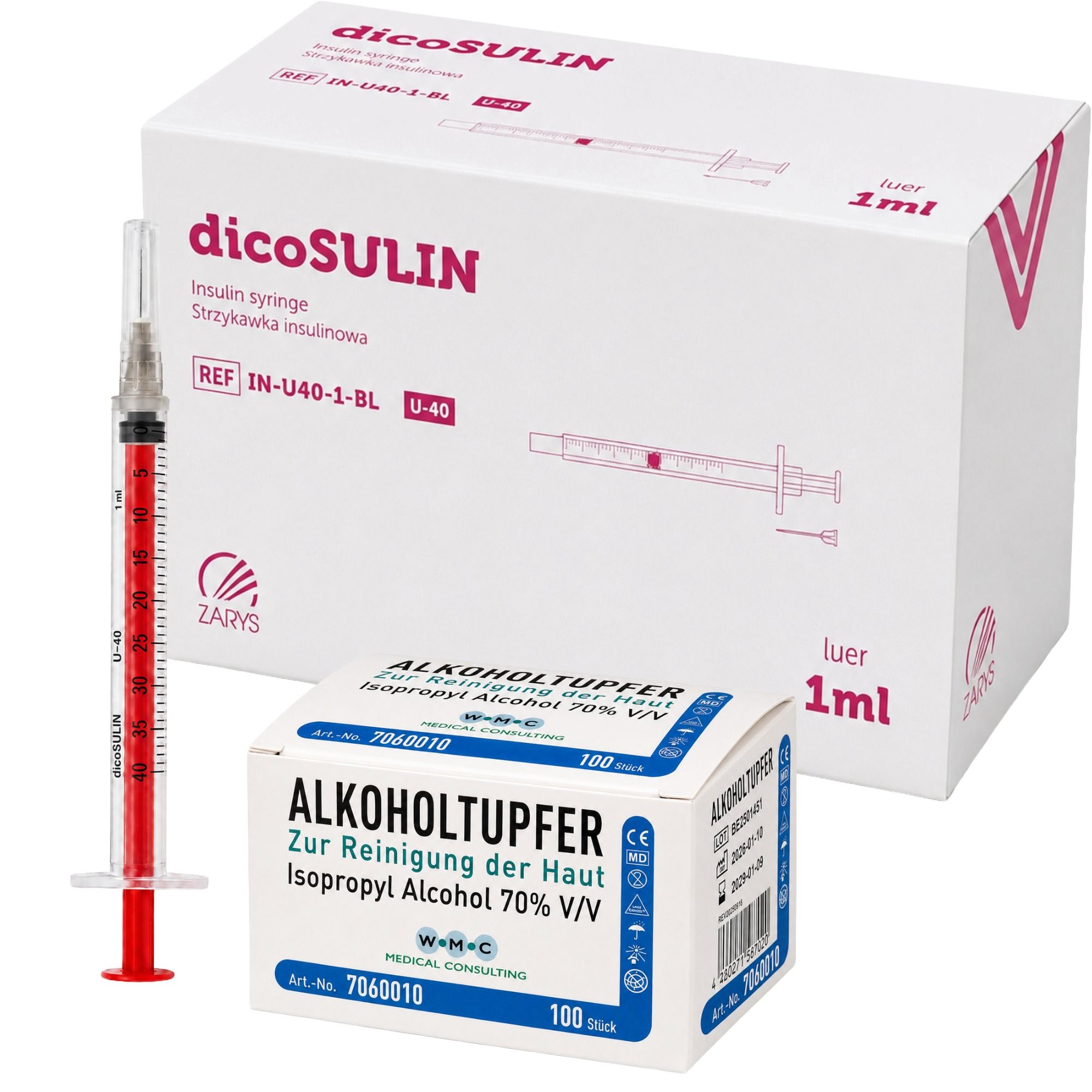 dicoSULIN U-40 Insulinspritze mit WMC Alkoholtupfern 100 St Spritzen