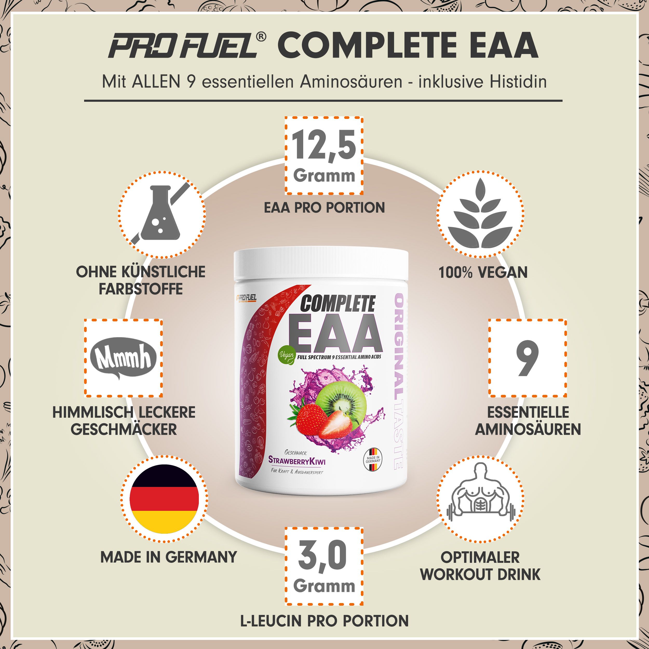 Weißes Produktglas mit Aufschrift COMPLETE EAA, Illustrationen von Früchten und Text. Enthält 9 essentielle Aminosäuren, 100% vegan.