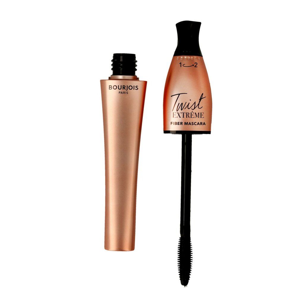 Bourjois Twist Extrême Fiber Mascara. Geöffnete Hülse und Bürste. Text: Twist Extrême Fiber Mascara, Bourjois Paris. Bürste mit Borsten.