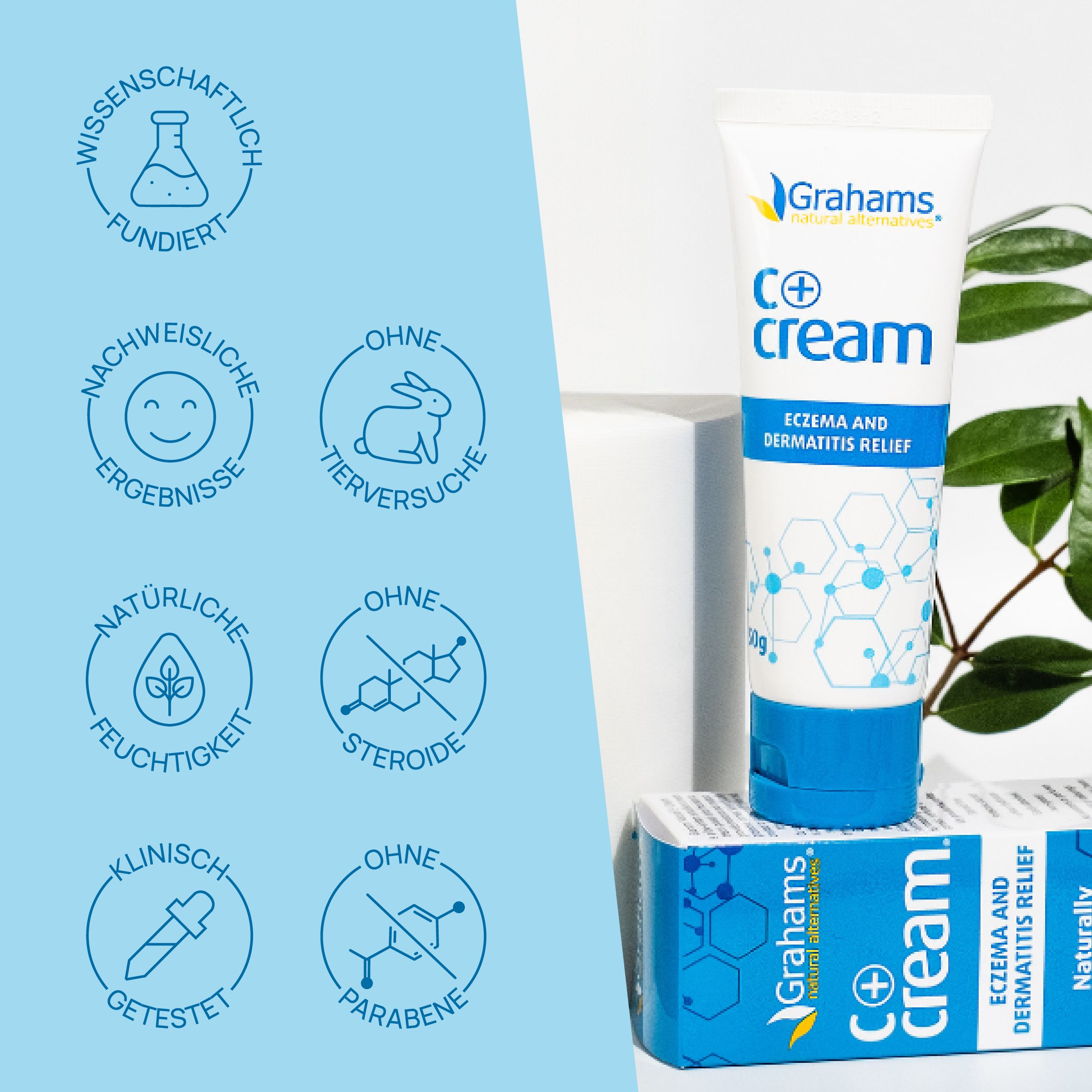 Grahams C+ cream Tube und Schachtel. Logos: Wissenschaftlich fundiert, ohne Tierversuche, ohne Steroide.