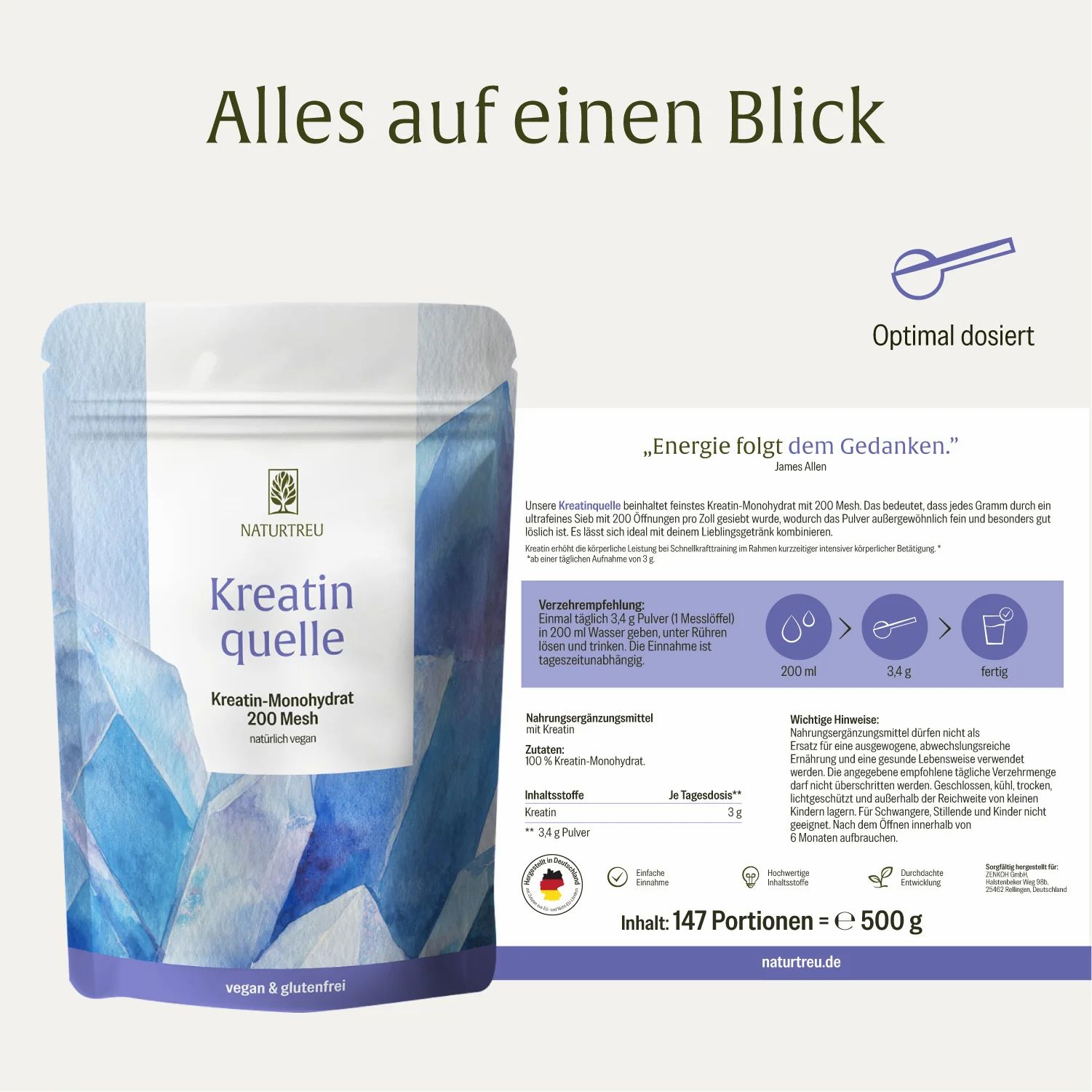NATURTREU Kreatin Quelle 200 Mesh Pulver in Beutel mit Informationen und Kristall-Design.