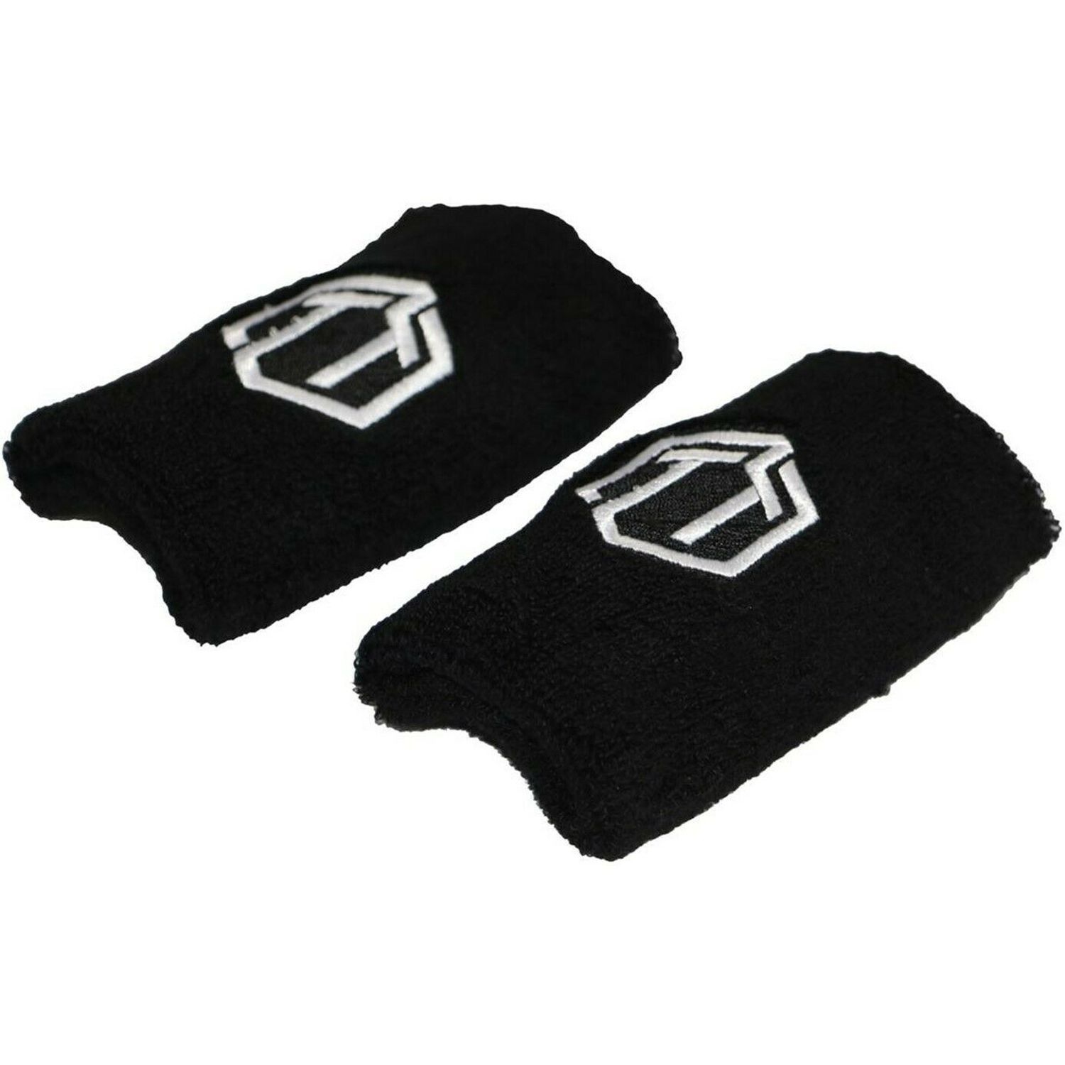 Zwei schwarze Handgelenkschützer mit weißem Logo. Weiches Material, Logo-Stickerei.