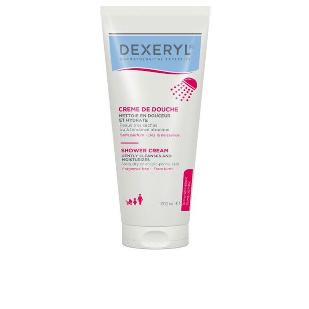 Dexeryl Crème De Douche Tube. Rosa Duschsymbol. Für sehr trockene Haut. 200ml. Auf weißem Hintergrund.