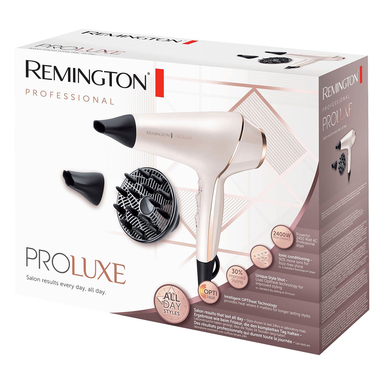 Verpackung mit Haartrockner, Düse und Diffusor. Marke: Remington Proluxe. Text.