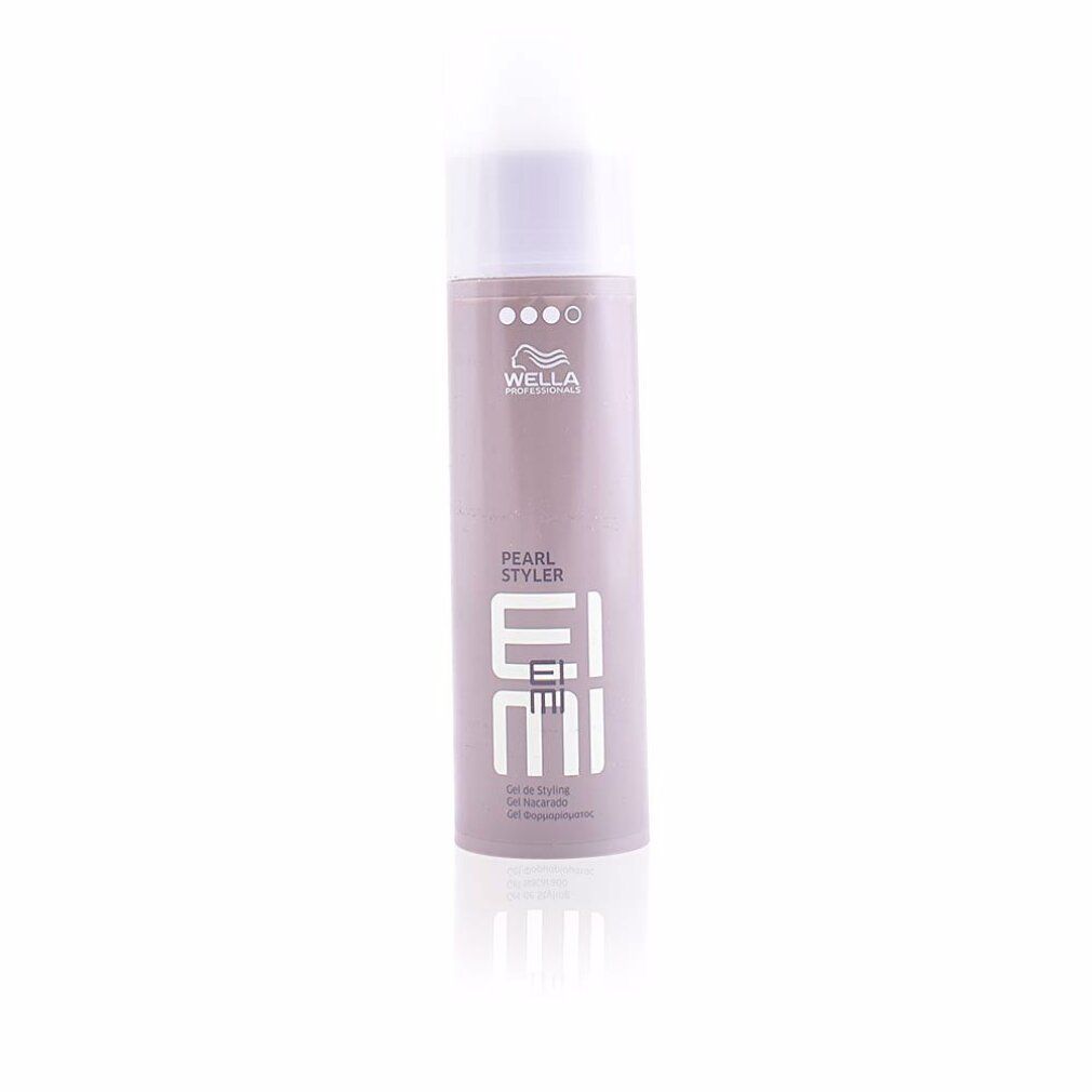 Stylinggel-Flasche, grau-lila, mit weißem Deckel. Aufschrift: Wella Eimi Pearl Styler. Vier Punkte oben.