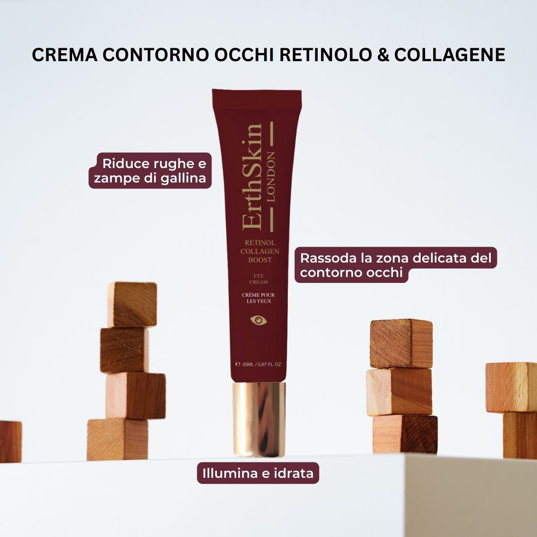 Rote Tube mit Produktnamen und Logo. Aufschrift: RETINOL COLLAGEN BOOST EYE CREAM. Goldfarbene Schrift. Holzblöcke im Hintergrund.