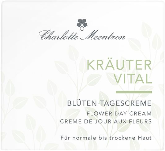 Charlotte Meentzen Kräuter Vital Blüten-Tagescreme Verpackung mit Schriftzug und Pflanzenmotiv.