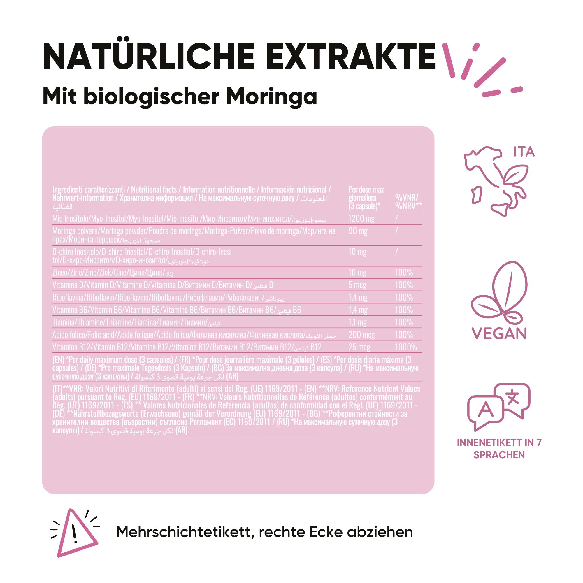 Flasche mit Nährwertangaben, Vegan-Siegel und "Etikett in 7 Sprachen".