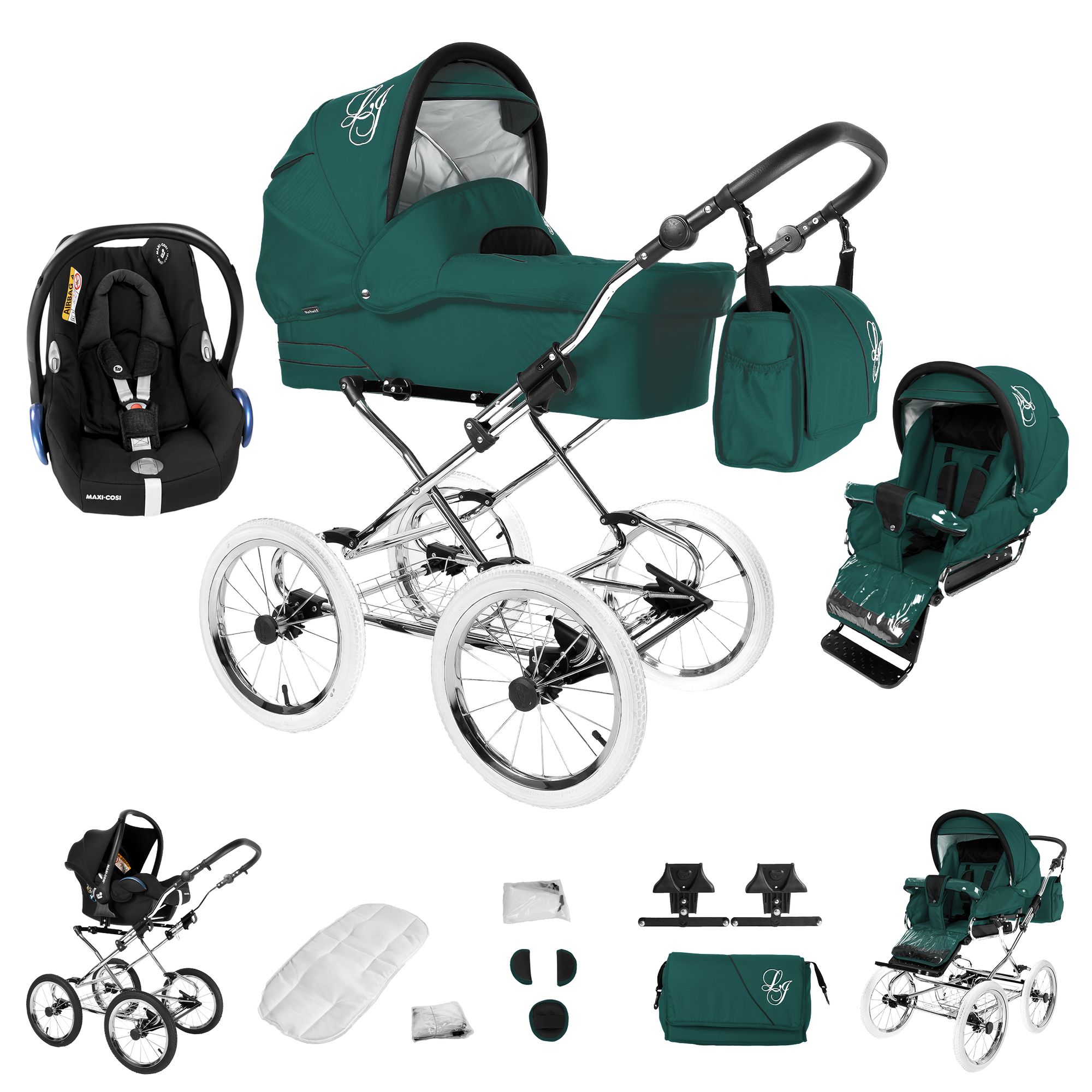 Bebebi Loving 3 in 1 Nostalgie Kinderwagen Set mit Original Maxi Cosi, Green Tender Peak