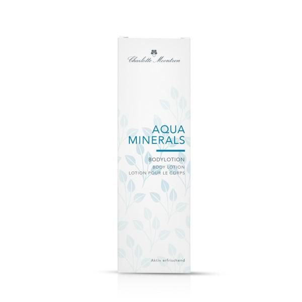 Weiße Schachtel. Auf der Schachtel: Charlotte Meentzen, Aqua Minerals Bodylotion, Lotion pour le corps. Blätter-Dekor.