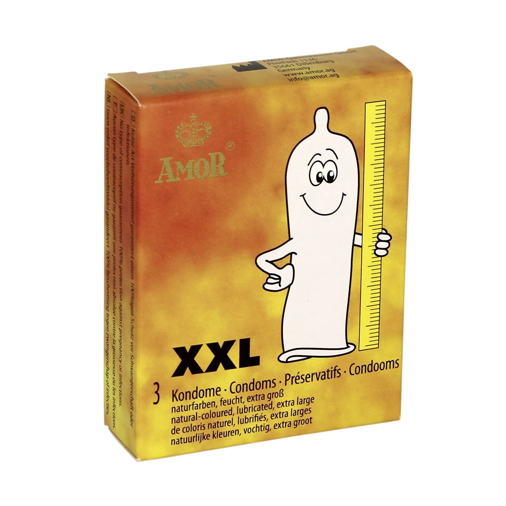 Verpackung mit Kondomen. Aufdruck: AMOR, XXL, 3 Stück. Abbildung eines Kondoms mit Maßstab.