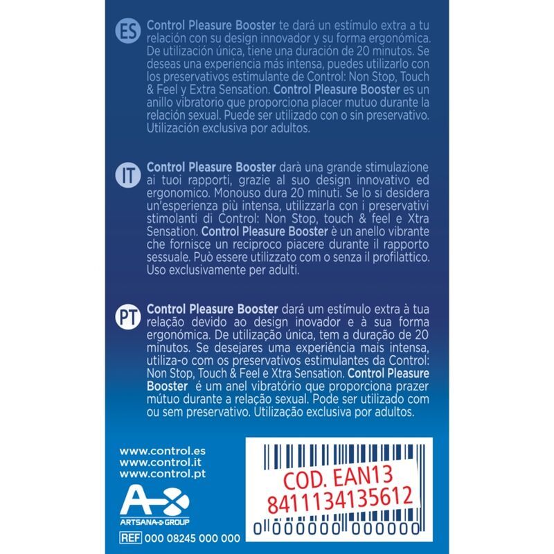 Verpackung für Control Pleasure Booster mit mehrsprachigen Produktinformationen und Barcode.