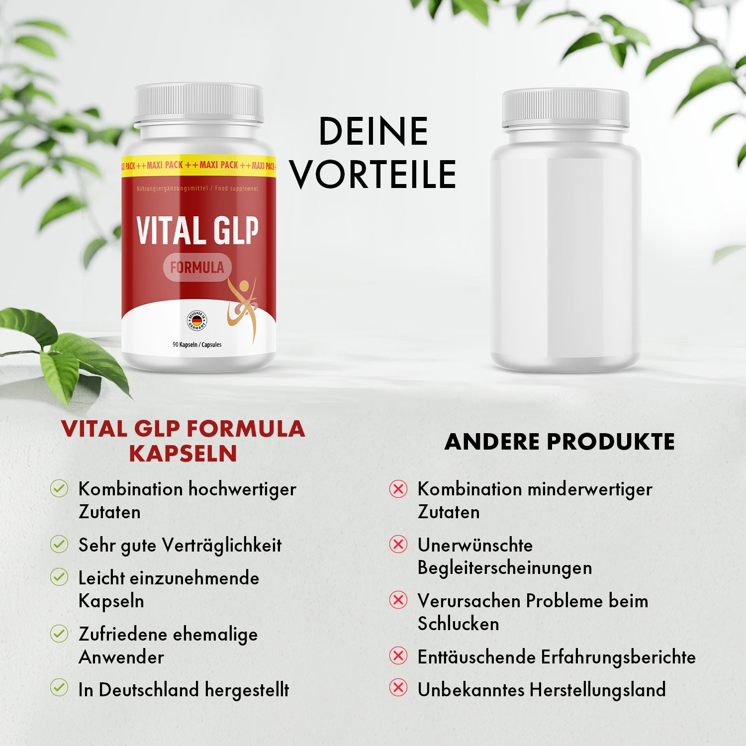 VITAL GLP FORMULA Kapseln neben leerer Flasche. Text: Vorteile, Kombination hochwertiger Zutaten, hergestellt in Deutschland.