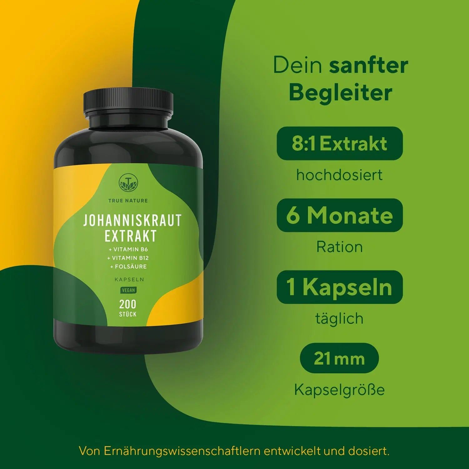TRUE NATURE® Johanniskraut Extrakt Kapseln mit Vitamin B6, B12 & Folsäure