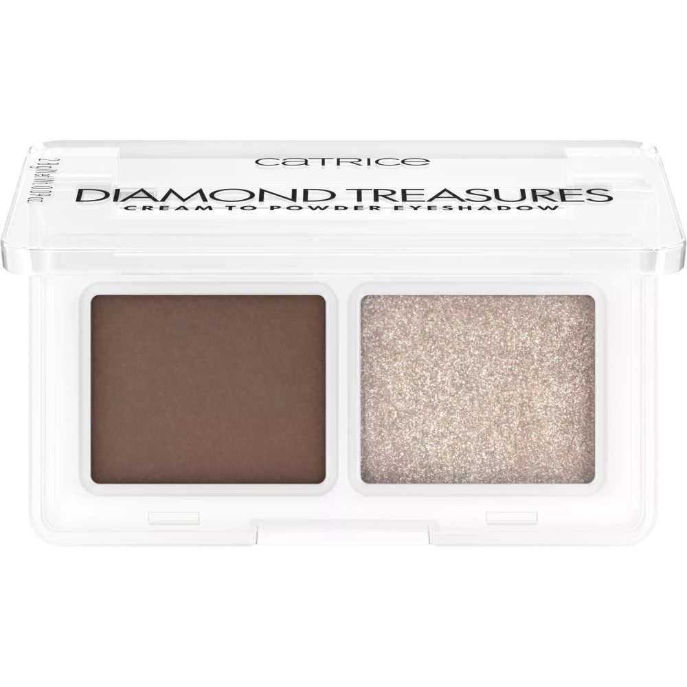 Lidschatten-Palette mit zwei Farbtönen in einer transparenten Kunststoffverpackung. Aufschrift: DIAMOND TREASURES CREAM TO POWDER EYESHADOW.