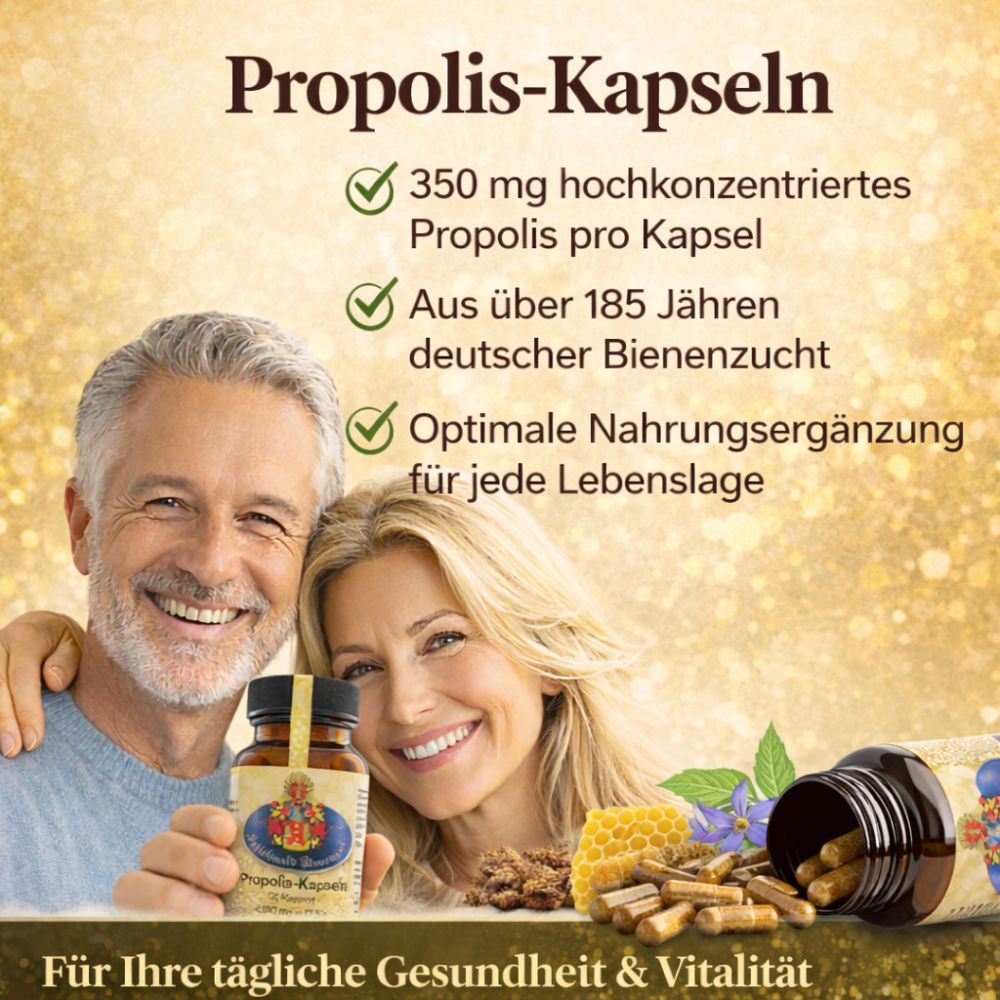 Paar hält Flasche Propolis-Kapseln. Text: 350 mg hochkonzentriertes Propolis pro Kapsel. Aus über 185 Jahren deutscher Bienenzucht.