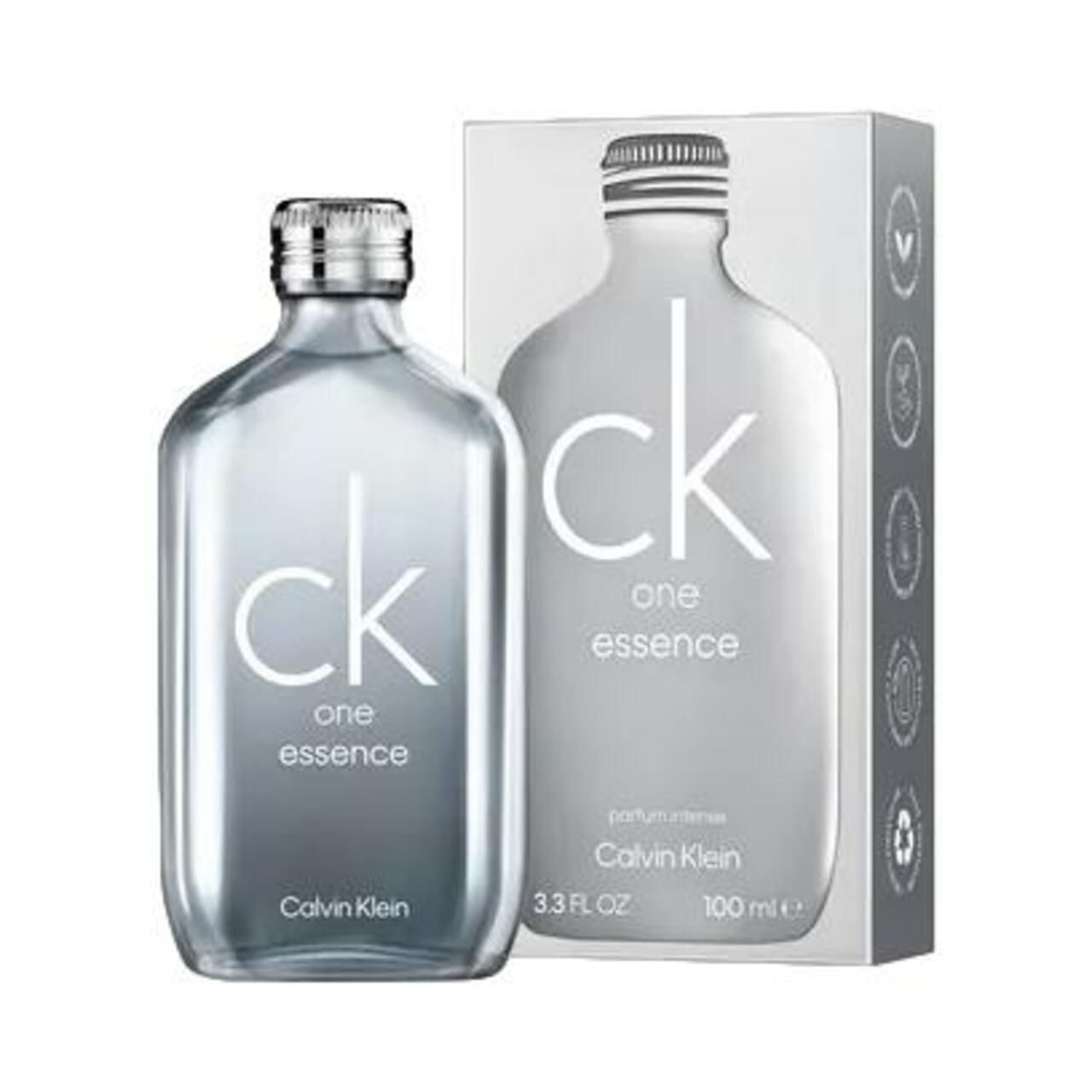 Flakon und Verpackung. Aufschrift "ck one essence", "Calvin Klein" und "3.3 FL OZ".