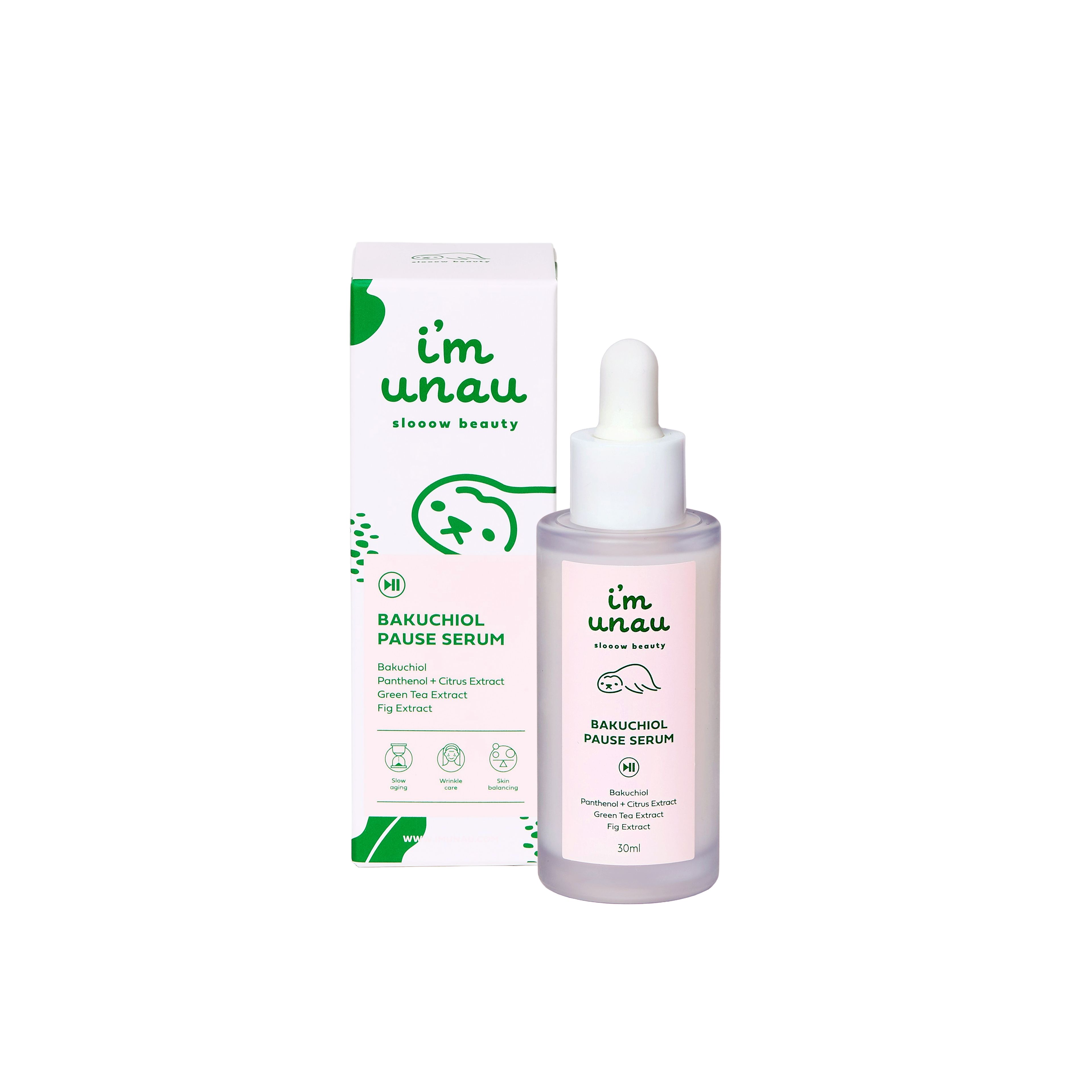 Serumflasche und Verpackung. Aufschrift: i'm unau, Bakuchiol Pause Serum. Inhaltsstoffe: Bakuchiol, Grüntee-Extrakt, Feigenextrakt.
