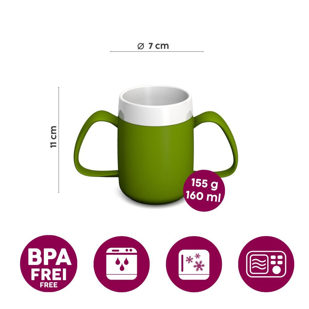 Grüner Becher mit zwei Henkeln und weißem Deckel. Maße: 11 cm hoch, 7 cm Durchmesser. Text: BPA frei, spülmaschinenfest, gefriergeeignet, mikrowellengeeignet.