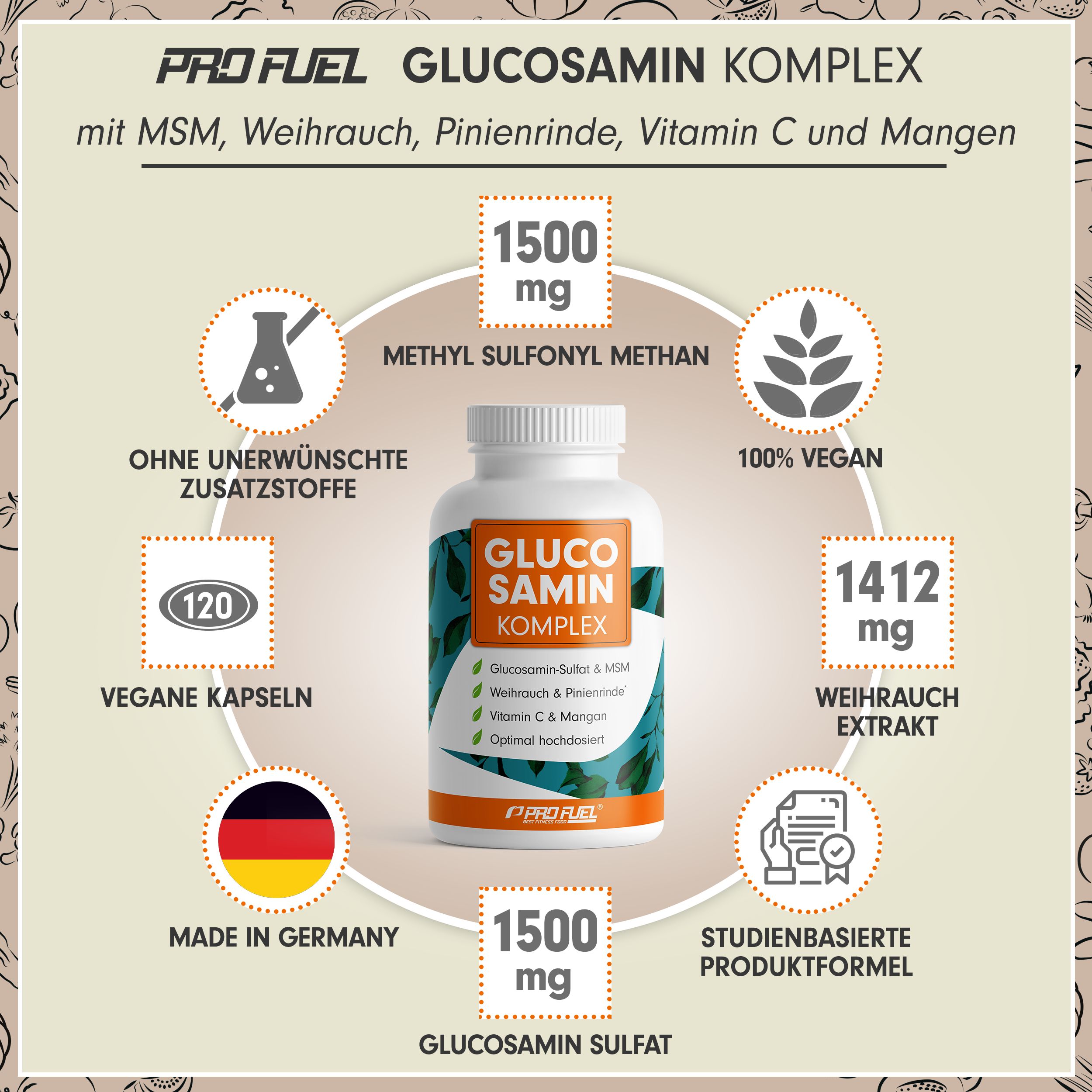 ProFuel - Glucosamin Komplex mit Msm, Weihrauch, Pinienrinde, Vitamin C & Mangan 120 St Kapseln