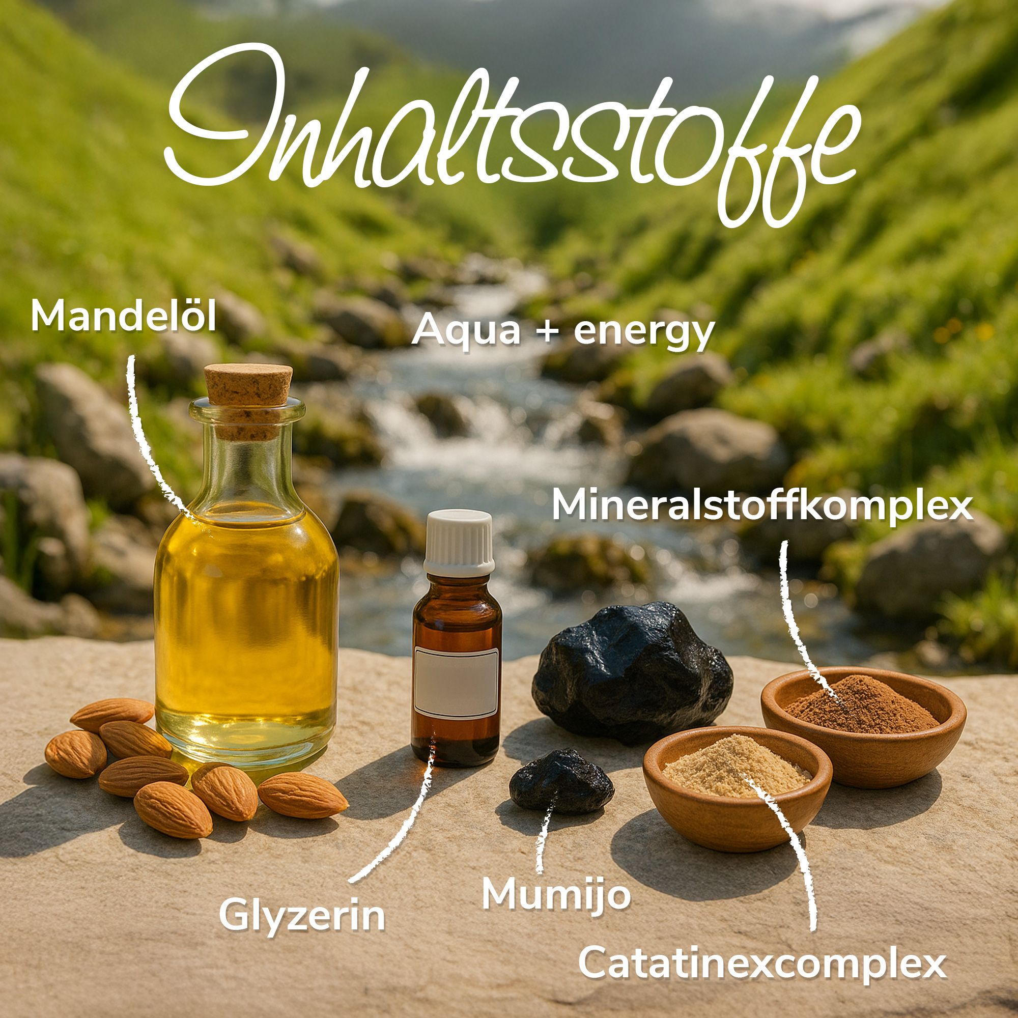 Glasflasche mit Mandelöl, kleine Flasche, Steine, Schalen mit Inhaltsstoffen. Text: Inhaltsstoffe.