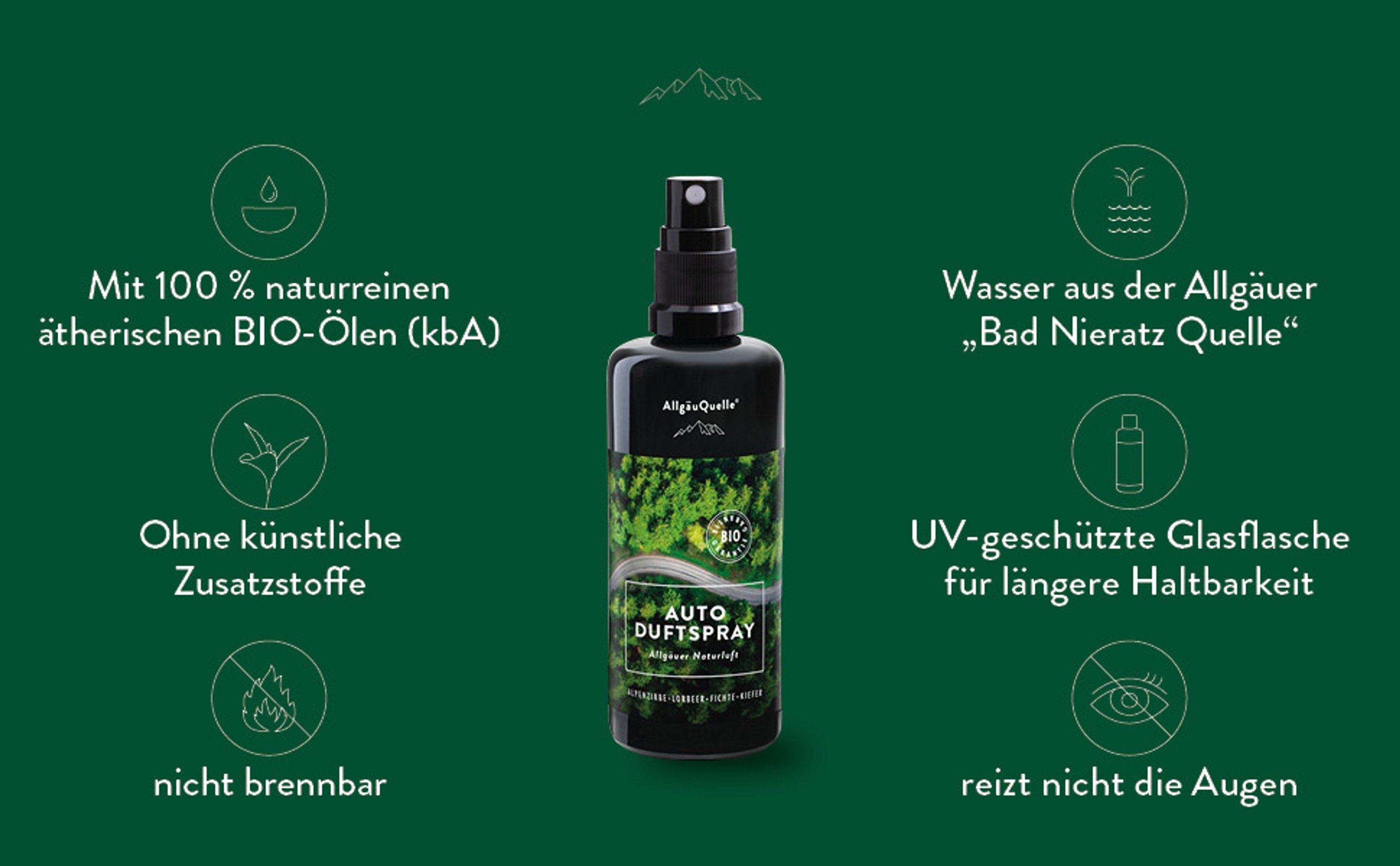 AllgäuQuelle Bio Autoduft Lufterfrischer Duftspray Alpenzirbe, Lorbeer, Fichte und Kiefer