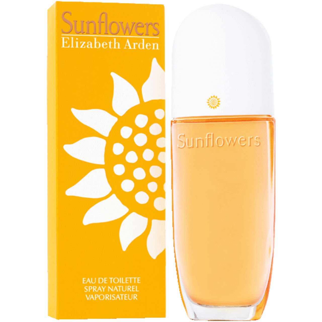 Gelbe Schachtel und Flakon. Aufschrift Sunflowers Elizabeth Arden. Flakon mit weißem Deckel. Eau de Toilette Spray Naturel Vaporisateur.