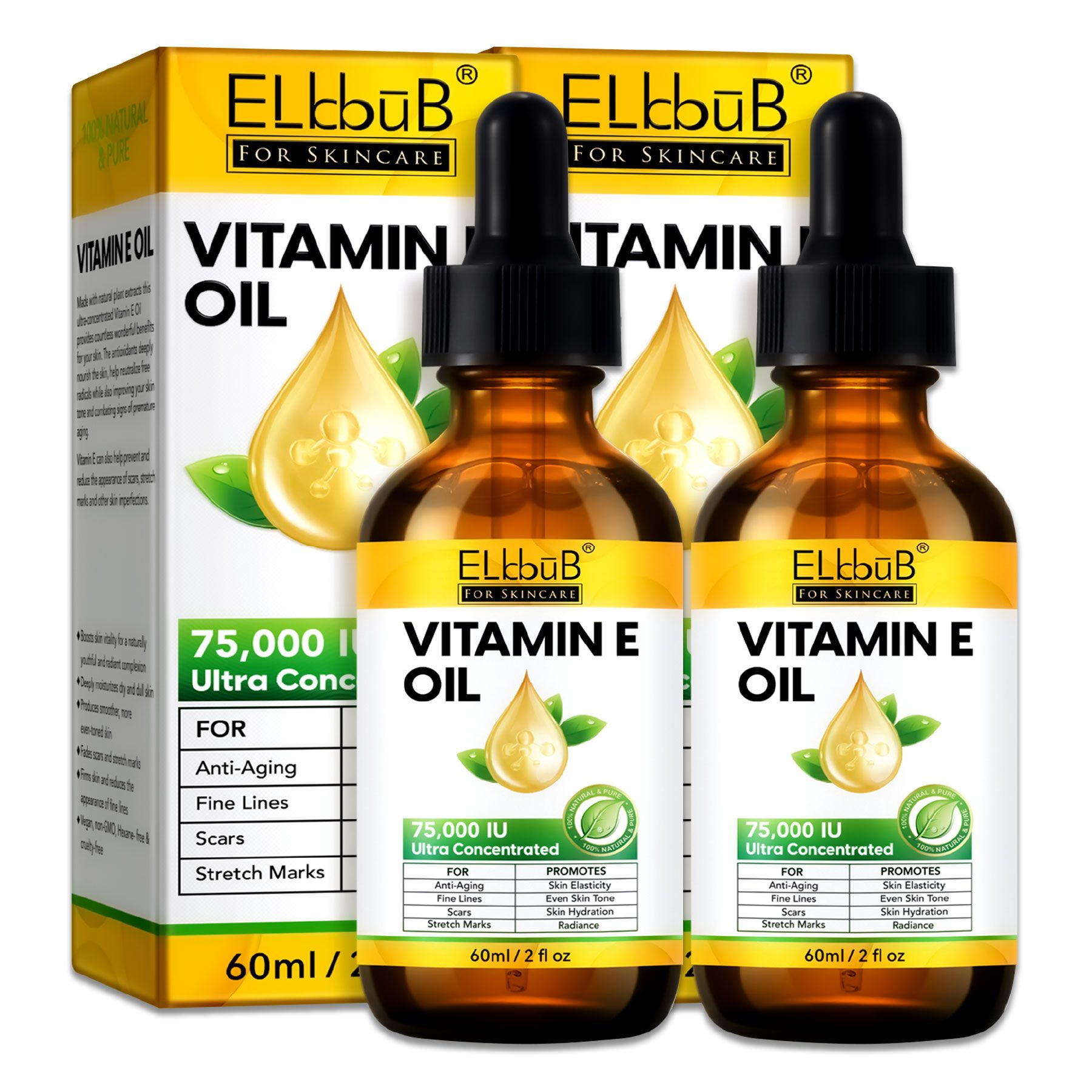 Zwei Flaschen Vitamin E Öl mit Pipettenverschluss, 60ml. Gelbes Etikett mit Produktinformationen und Logo.